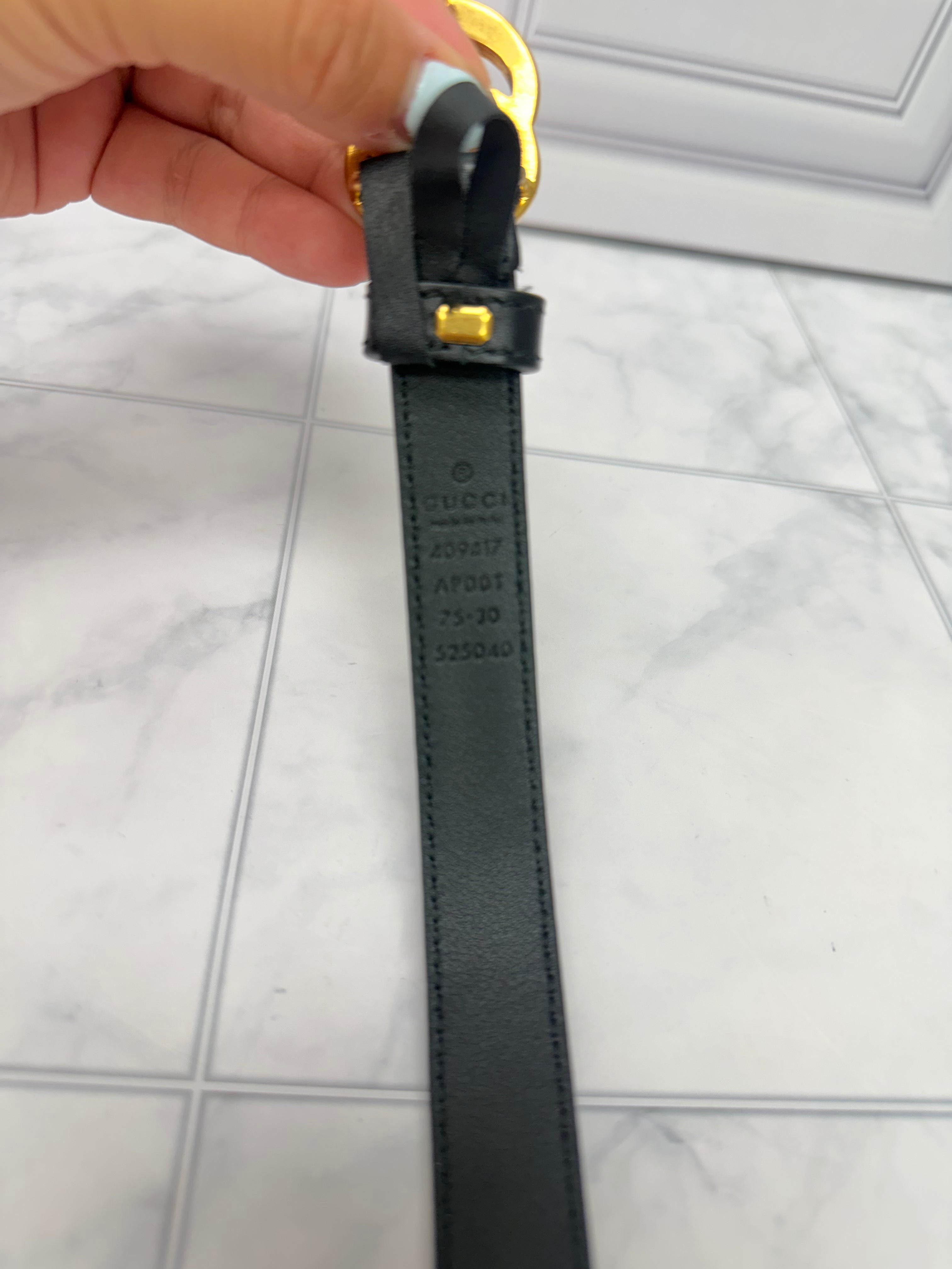 Gucci Black Leather GG Marmont Thin Belt Size 75