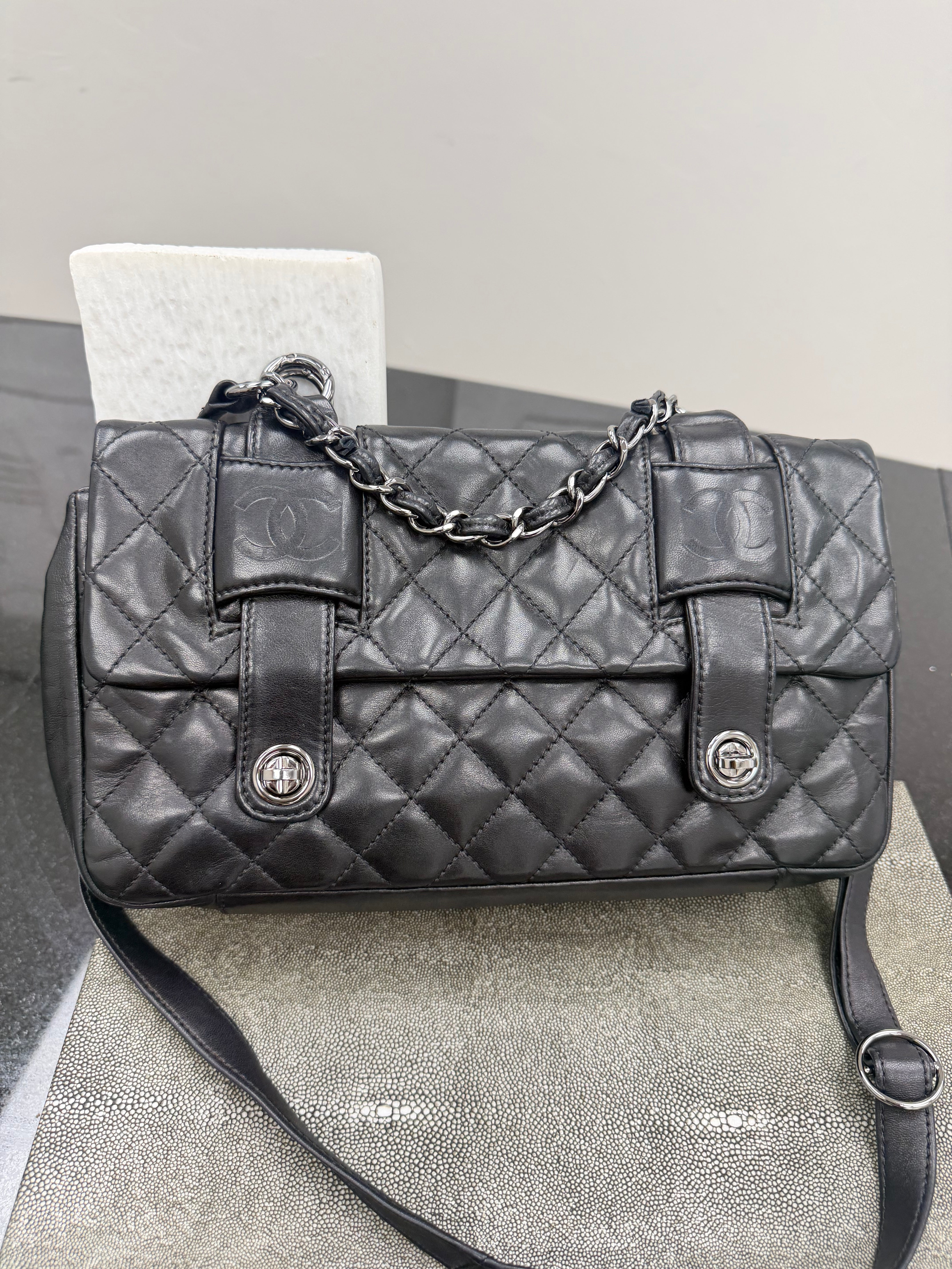 Chanel Black Lambskin Leather Mix Messenger Shoulder Bag