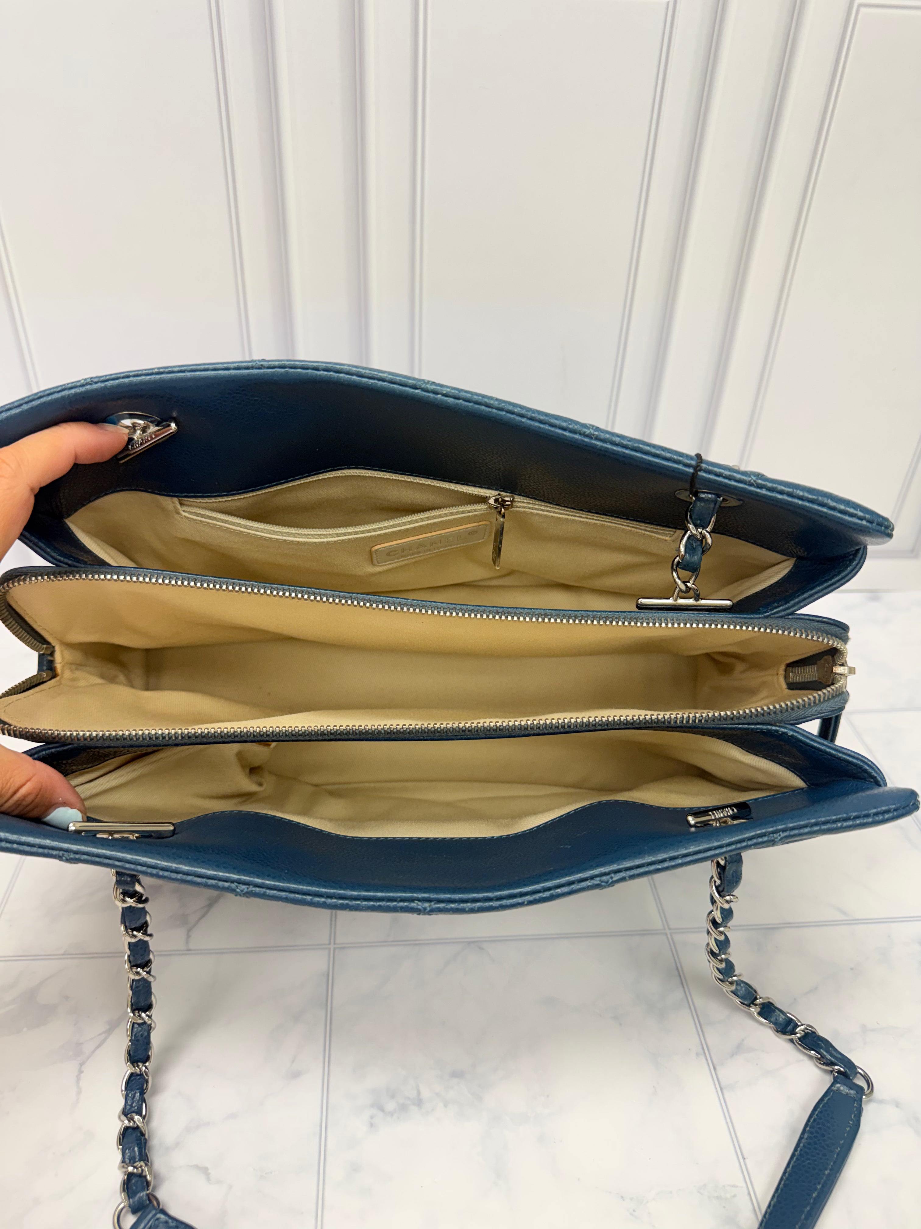 Chanel Blue Caviar Leather CC Timeless Shopping Tote Bag