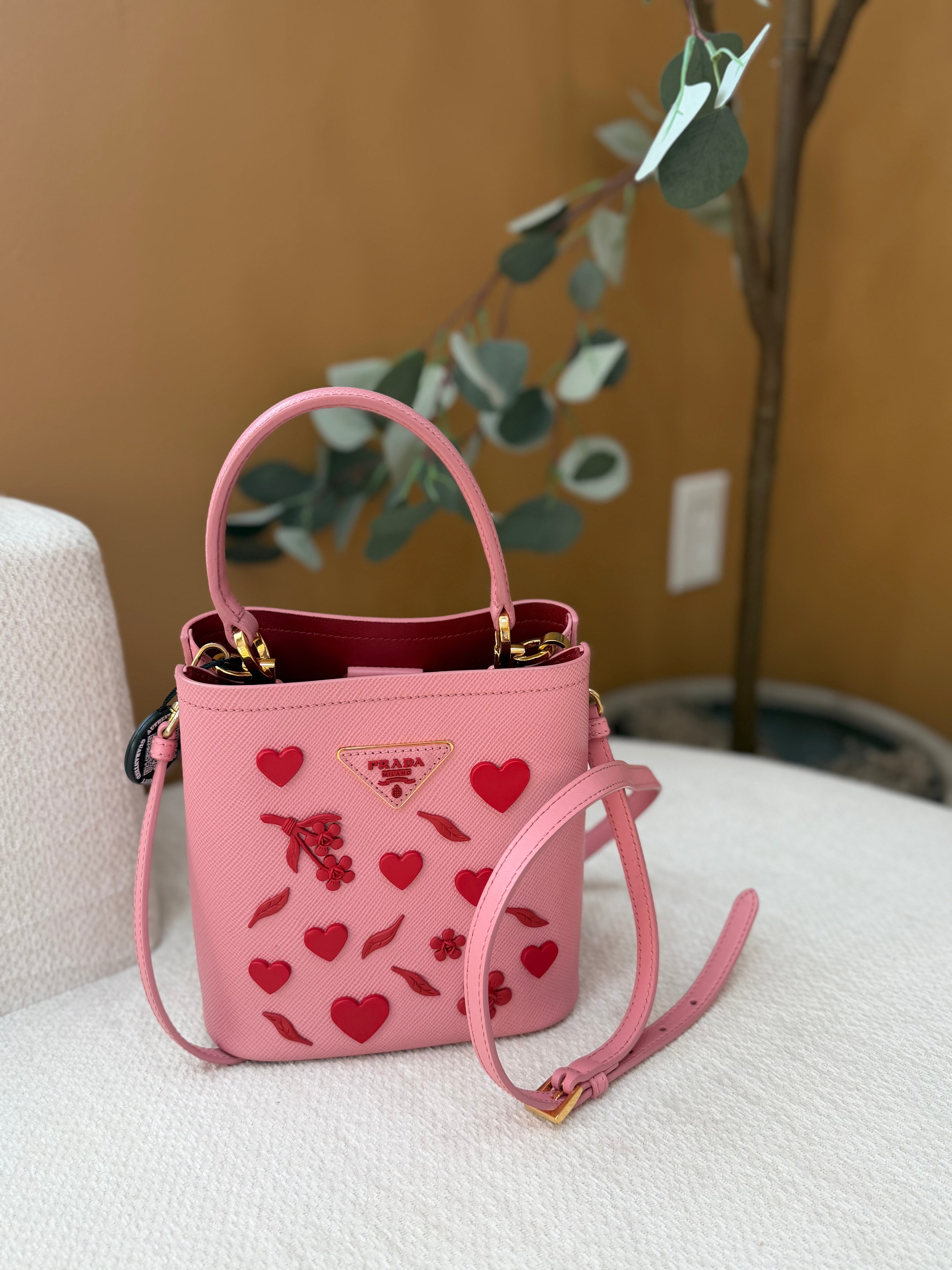 Prada Petal Pink Saffiano Leather City Calf Heart And Flower Bucket Bag