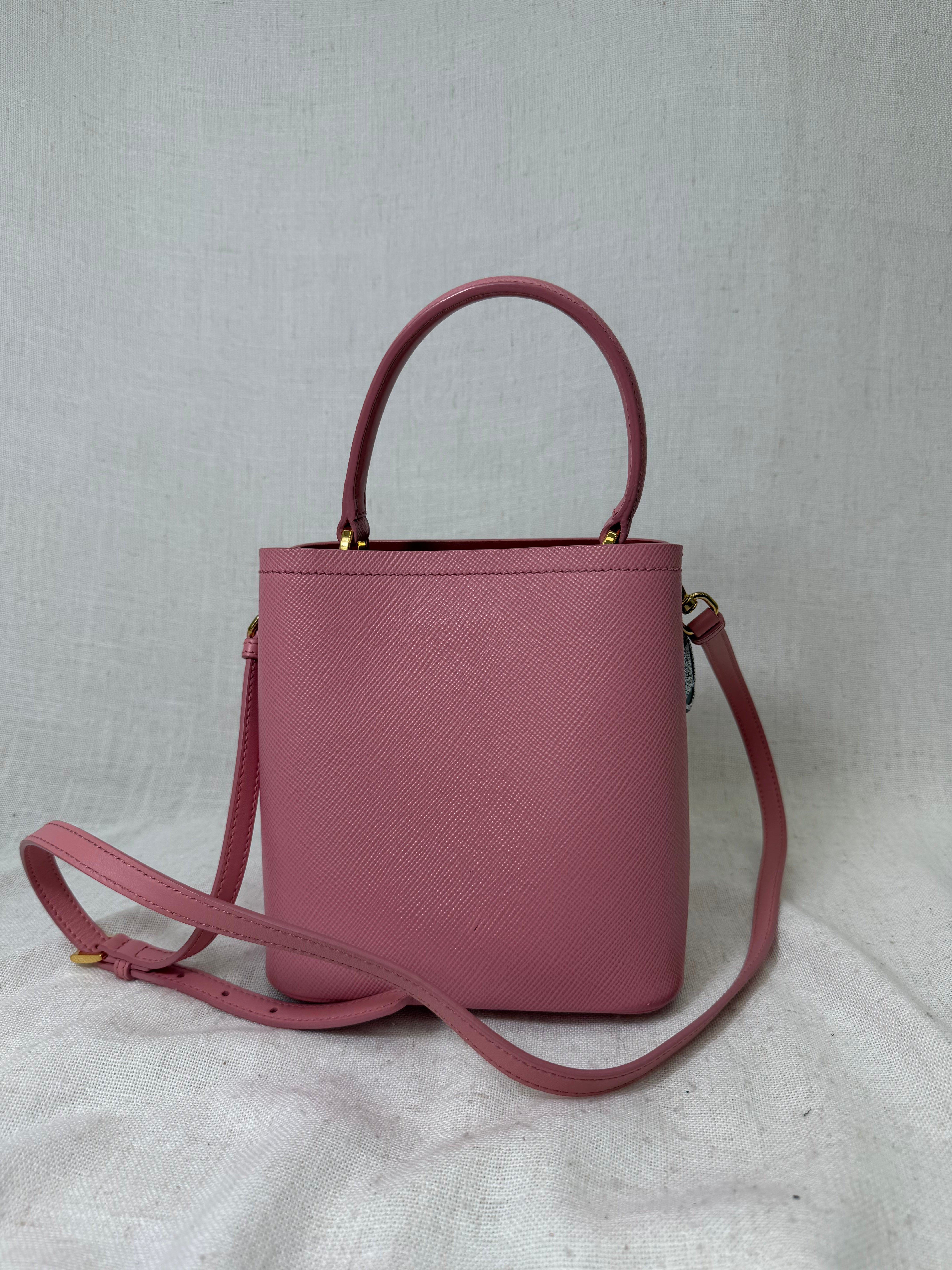 Prada Petal Pink Saffiano Leather City Calf Heart And Flower Bucket Bag