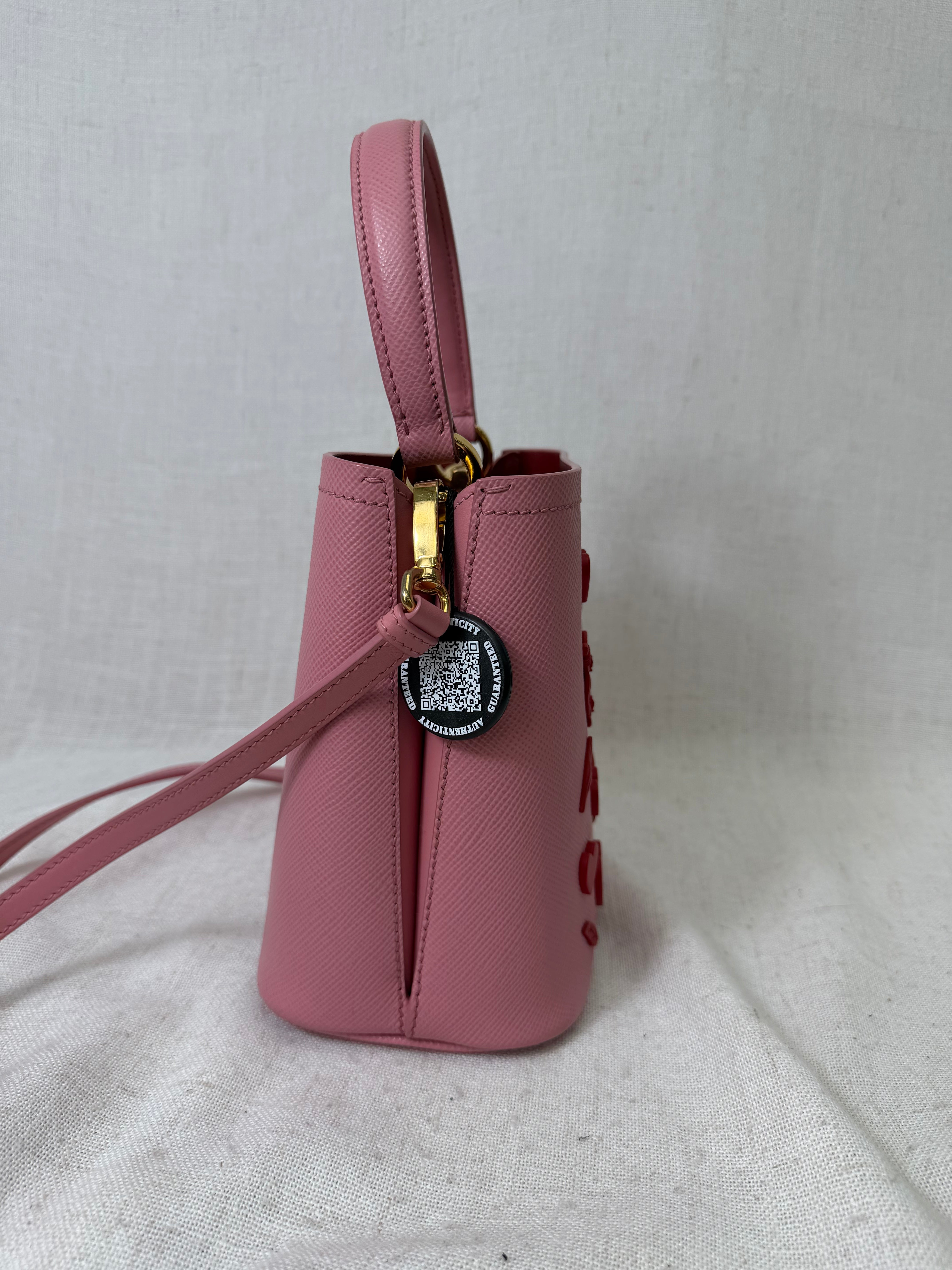 Prada Petal Pink Saffiano Leather City Calf Heart And Flower Bucket Bag