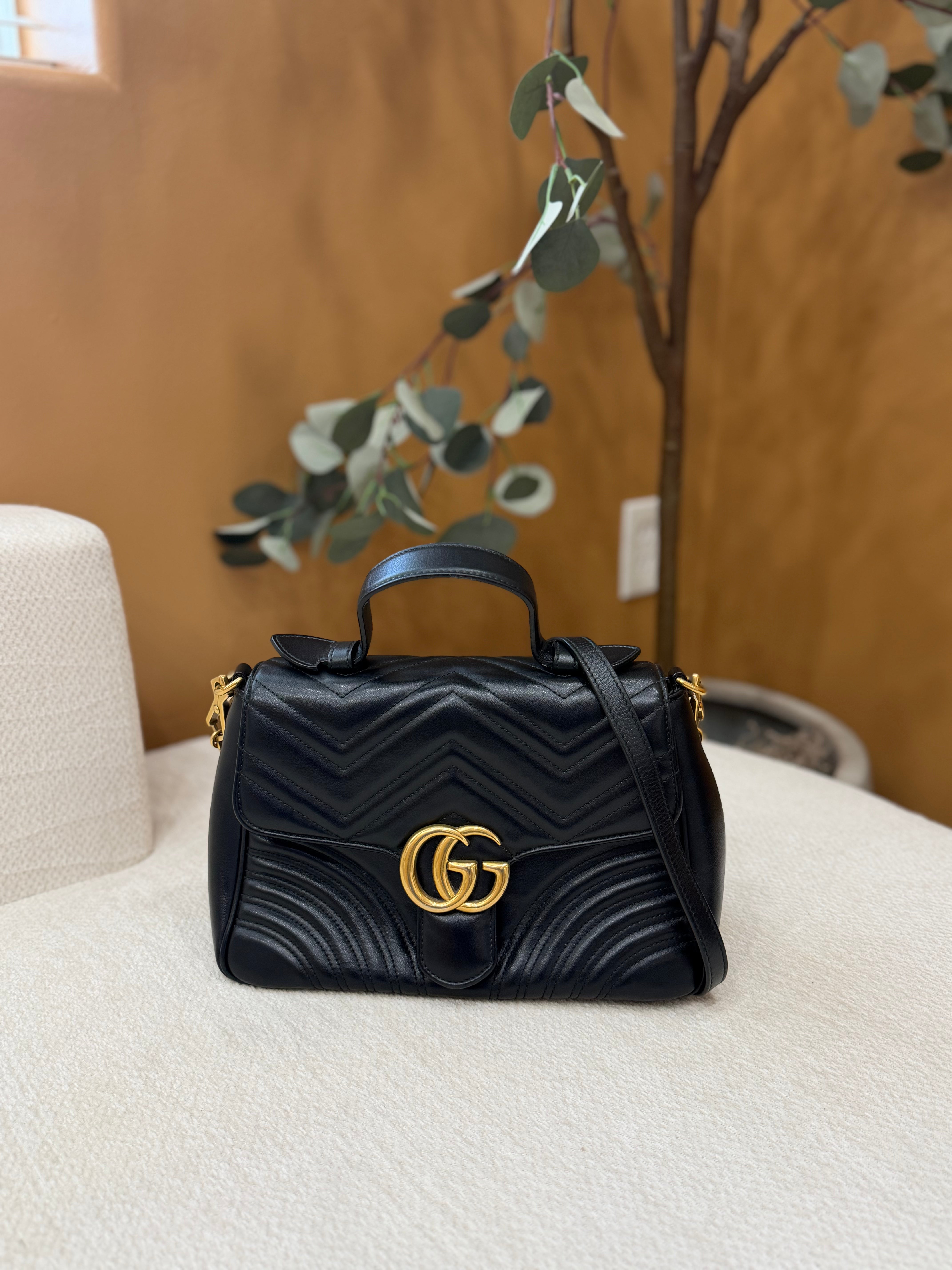 Gucci Black Leather GG Marmont Top Handle Bag