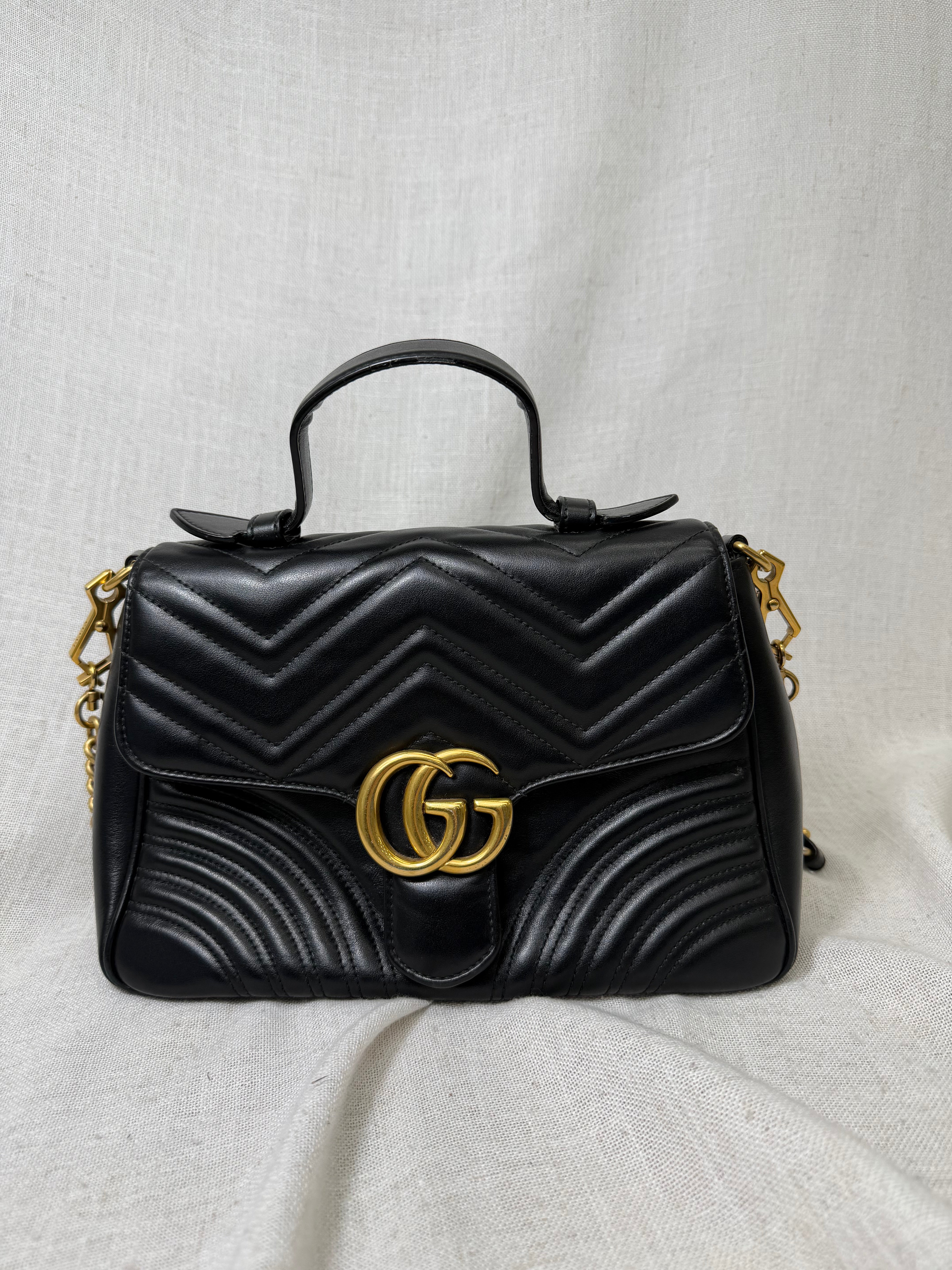 Gucci Black Leather GG Marmont Top Handle Bag