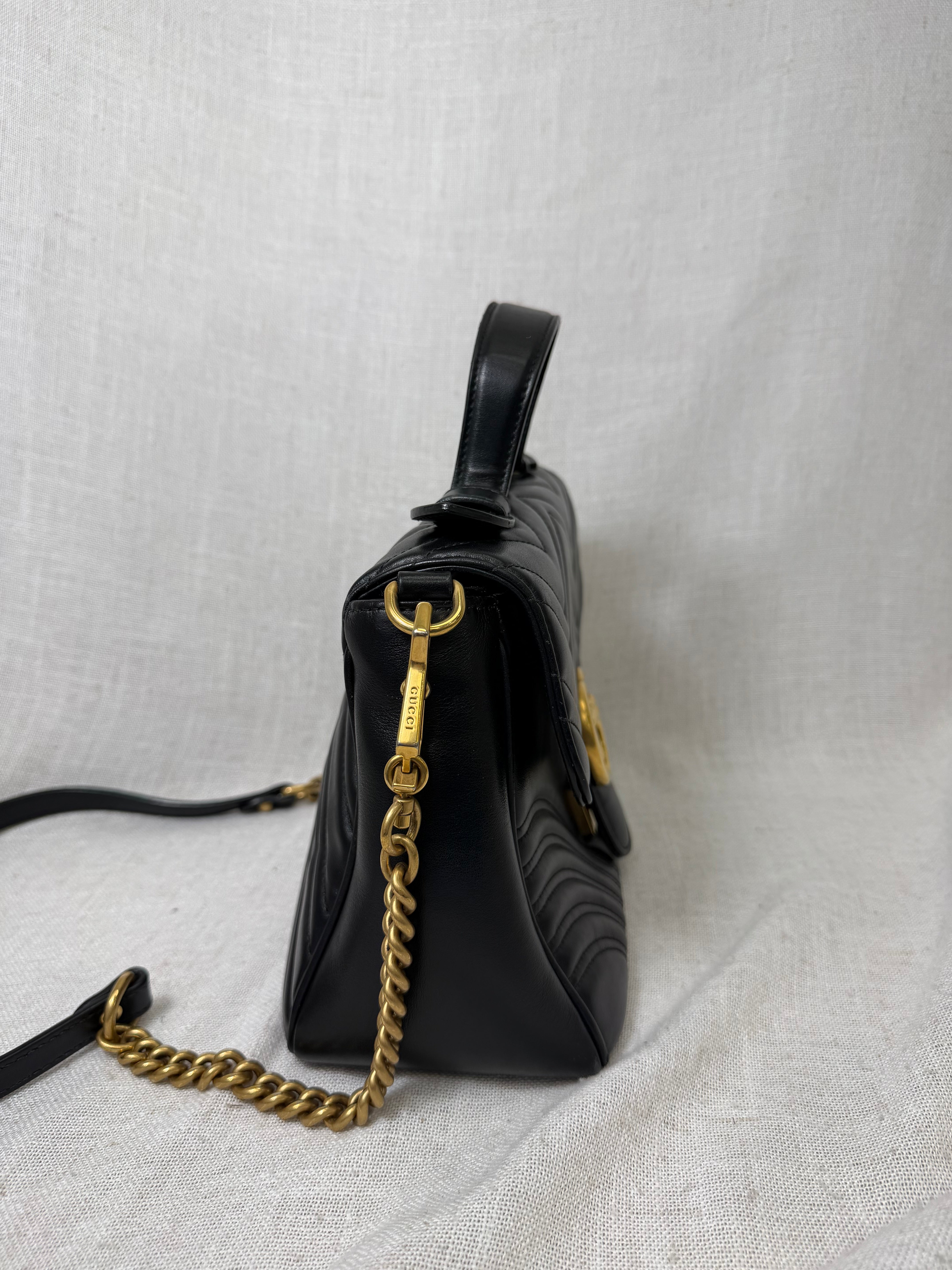 Gucci Black Leather GG Marmont Top Handle Bag
