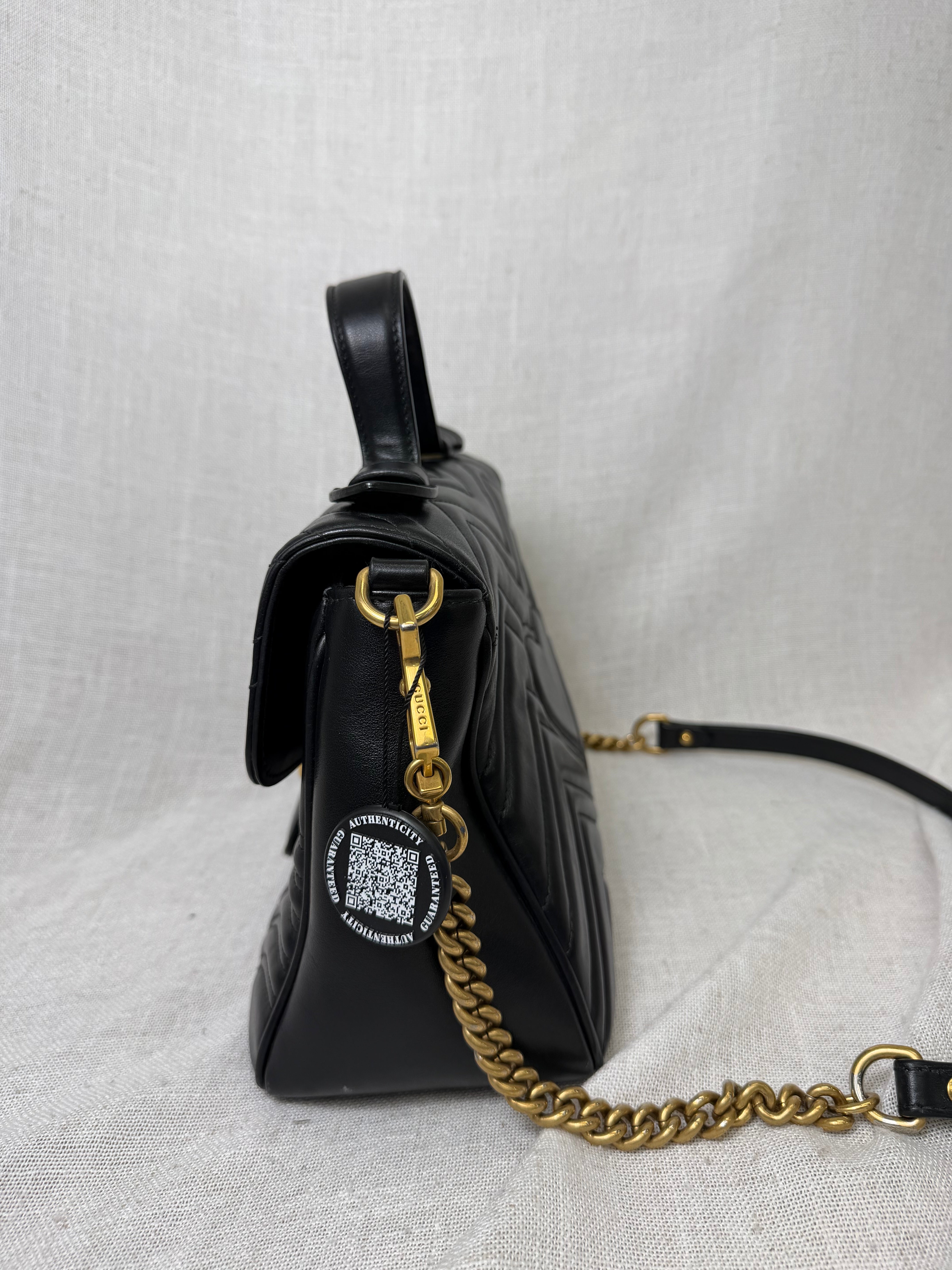 Gucci Black Leather GG Marmont Top Handle Bag