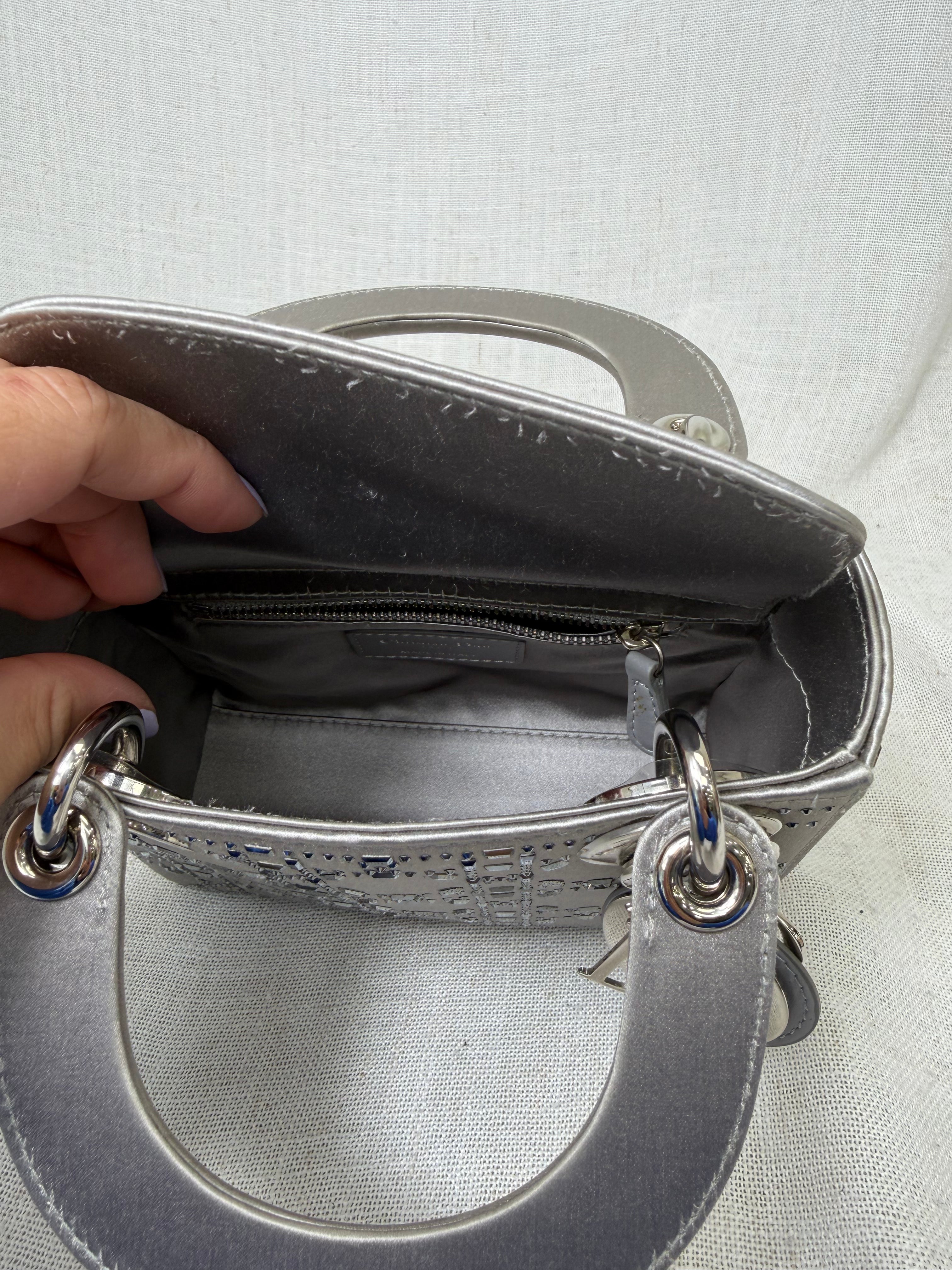 Christian Dior Grey Satin Crystal Mini Lady Dior Handbag