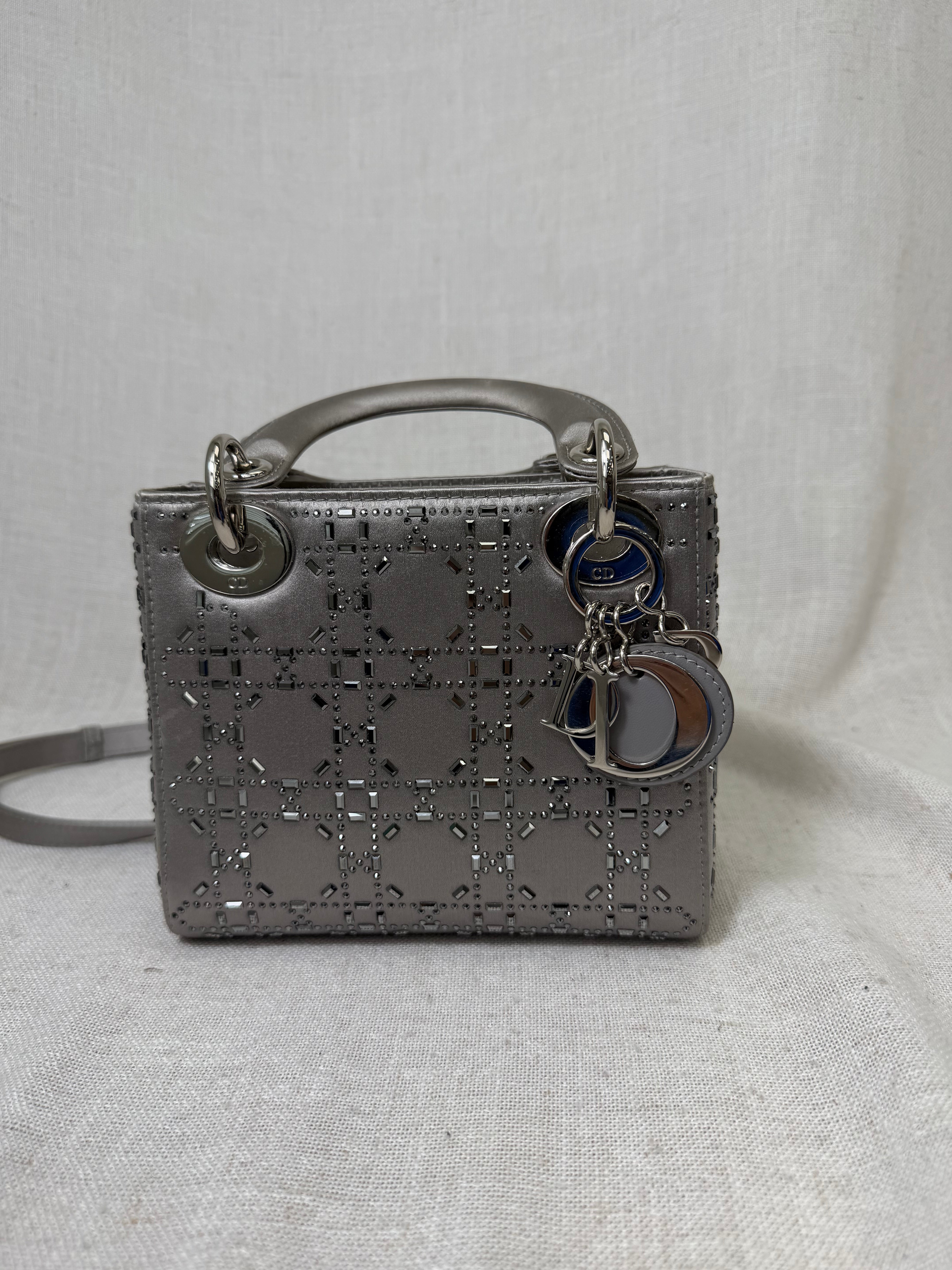Christian Dior Grey Satin Crystal Mini Lady Dior Handbag