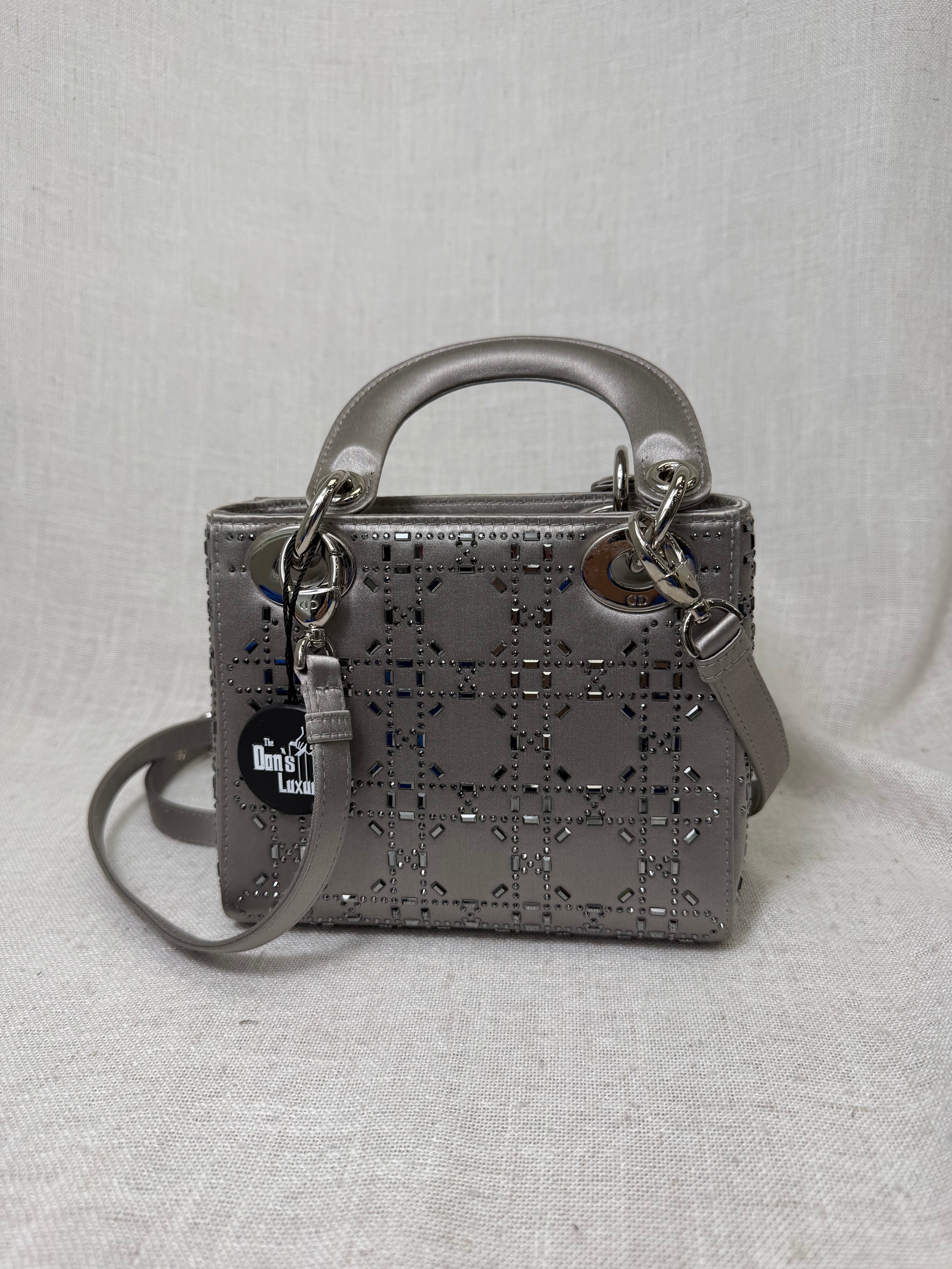 Christian Dior Grey Satin Crystal Mini Lady Dior Handbag