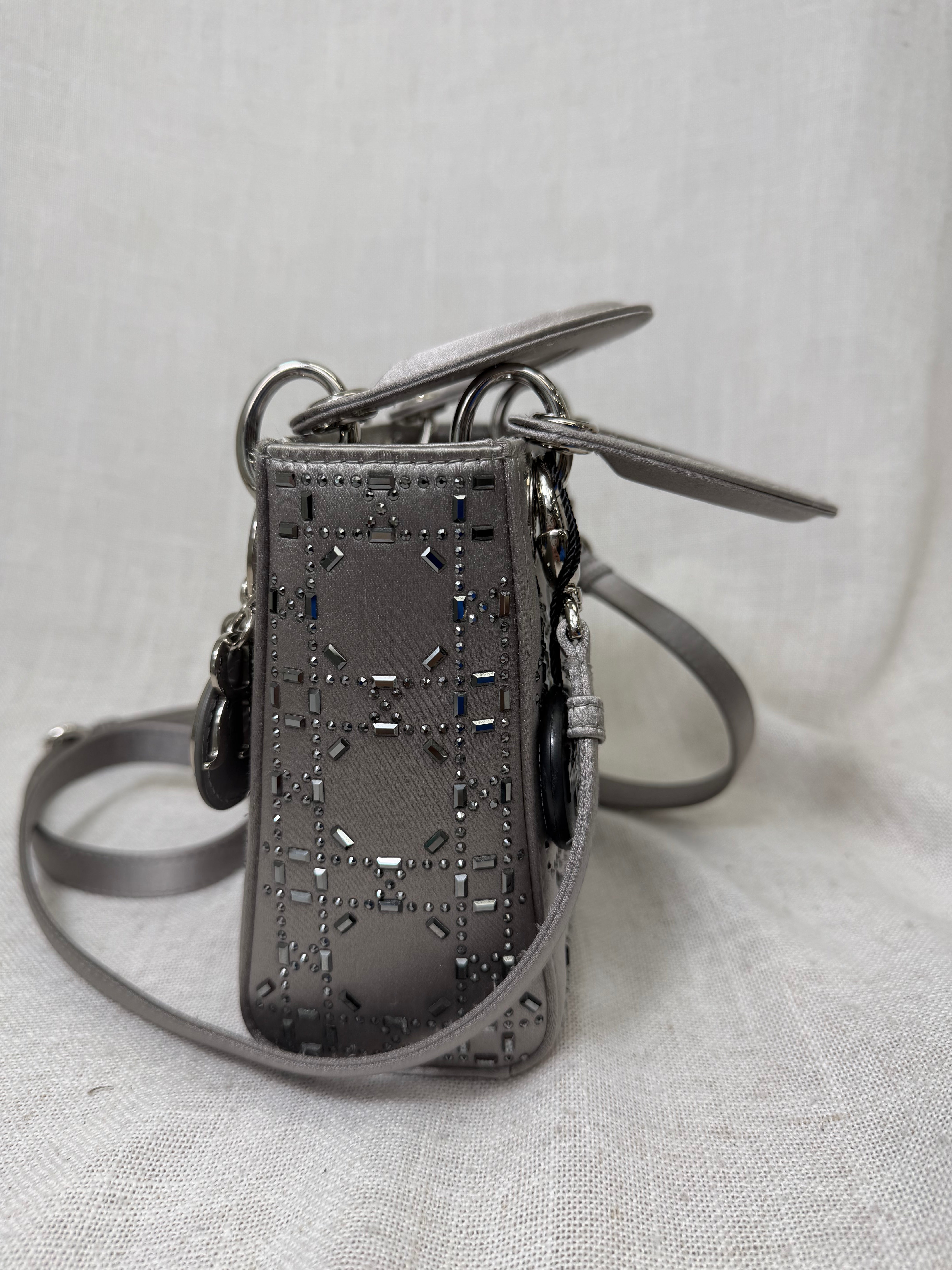 Christian Dior Grey Satin Crystal Mini Lady Dior Handbag