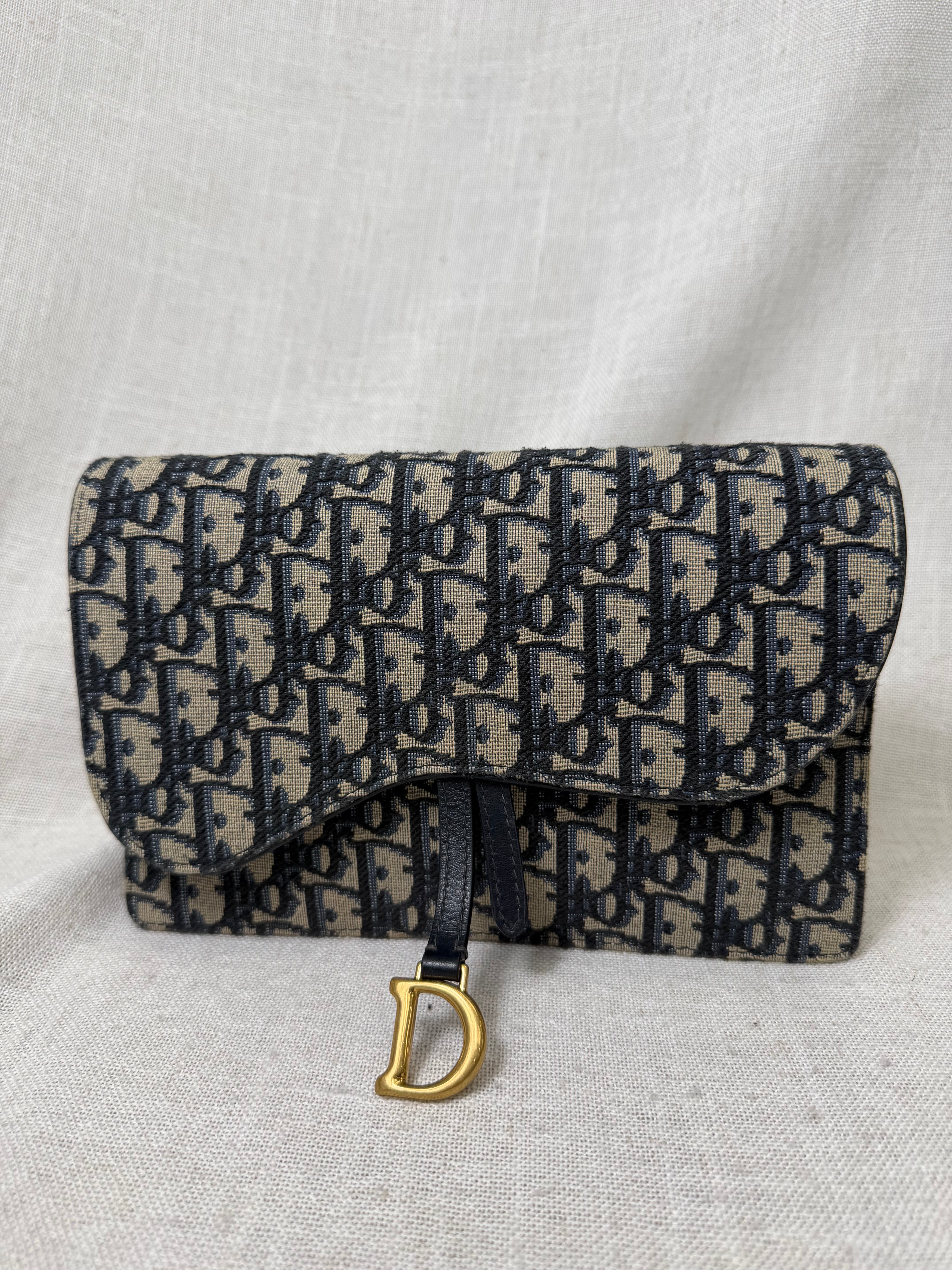 Christian Dior Blue Oblique Jacquard Saddle Chain Clutch