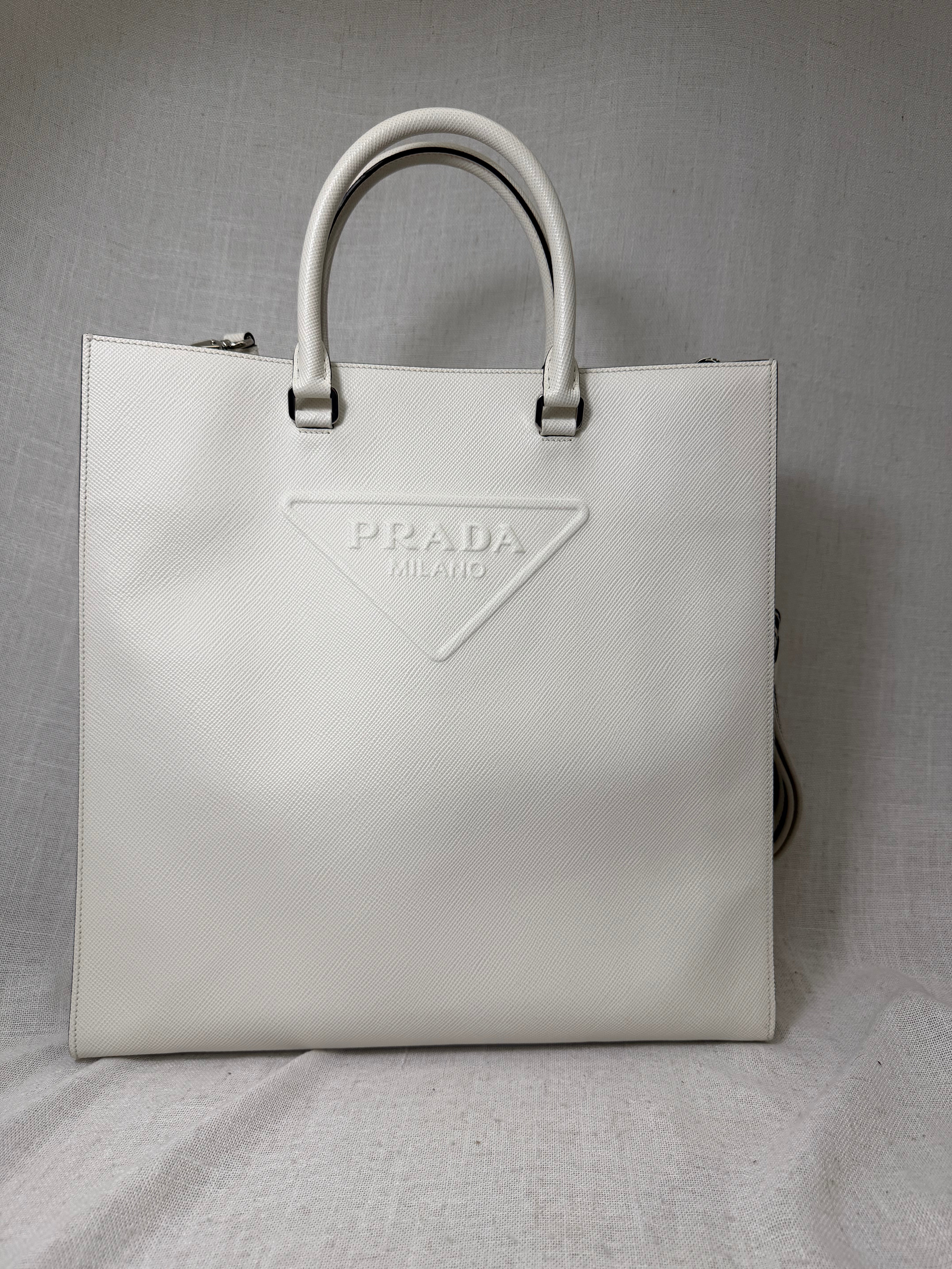 Prada White Saffiano Leather Embossed Triangle Tote Bag