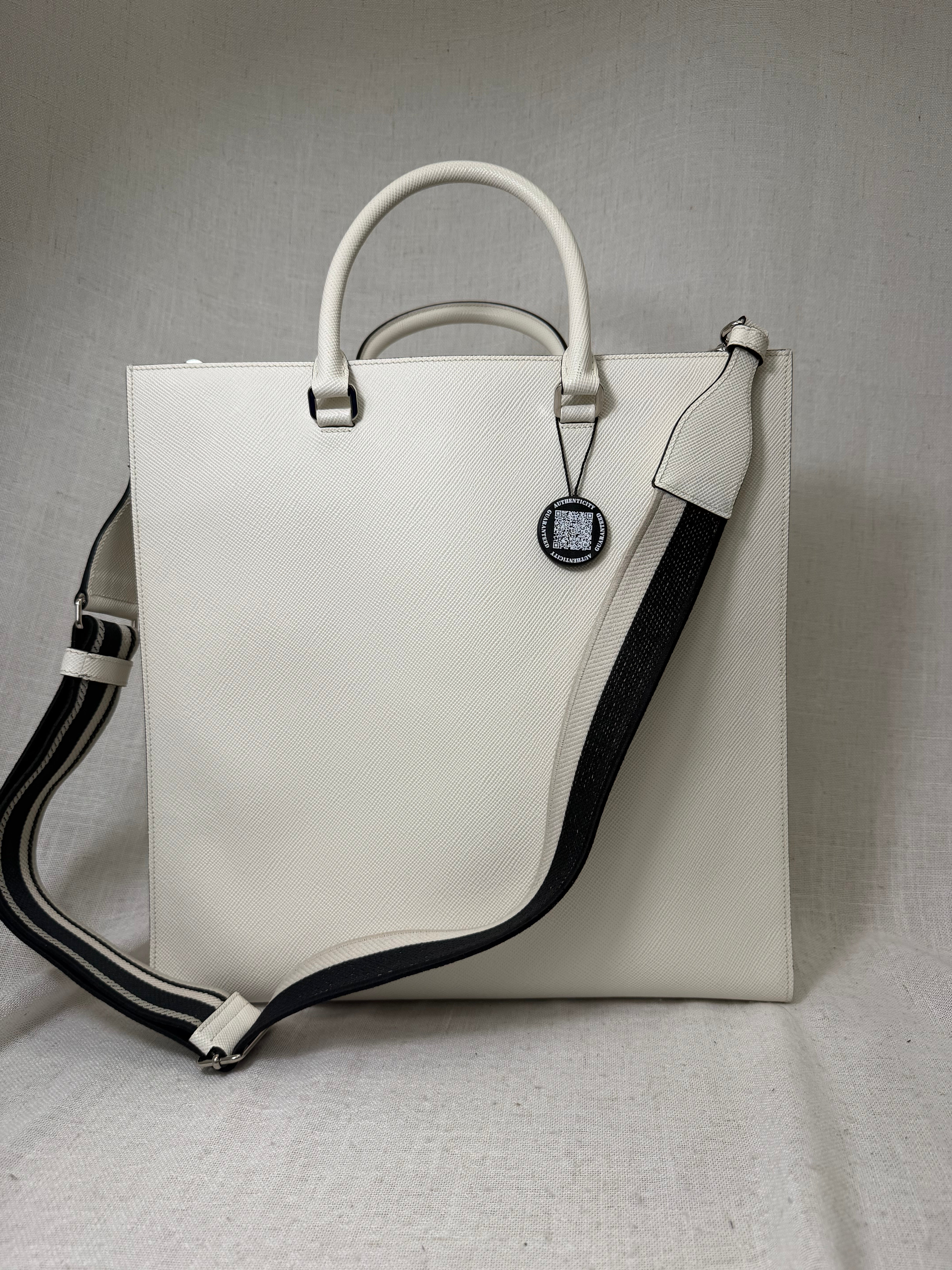Prada White Saffiano Leather Embossed Triangle Tote Bag