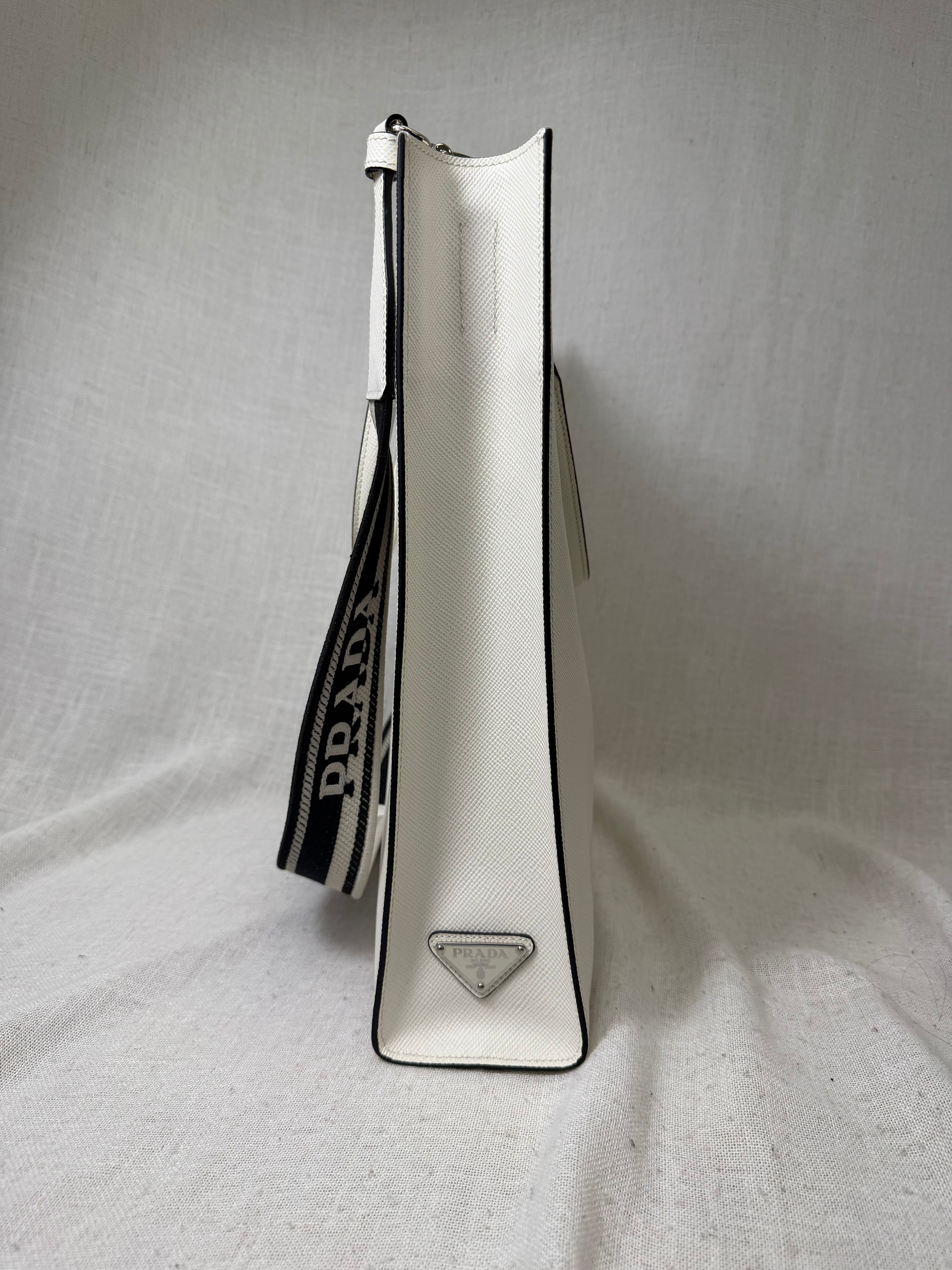 Prada White Saffiano Leather Embossed Triangle Tote Bag