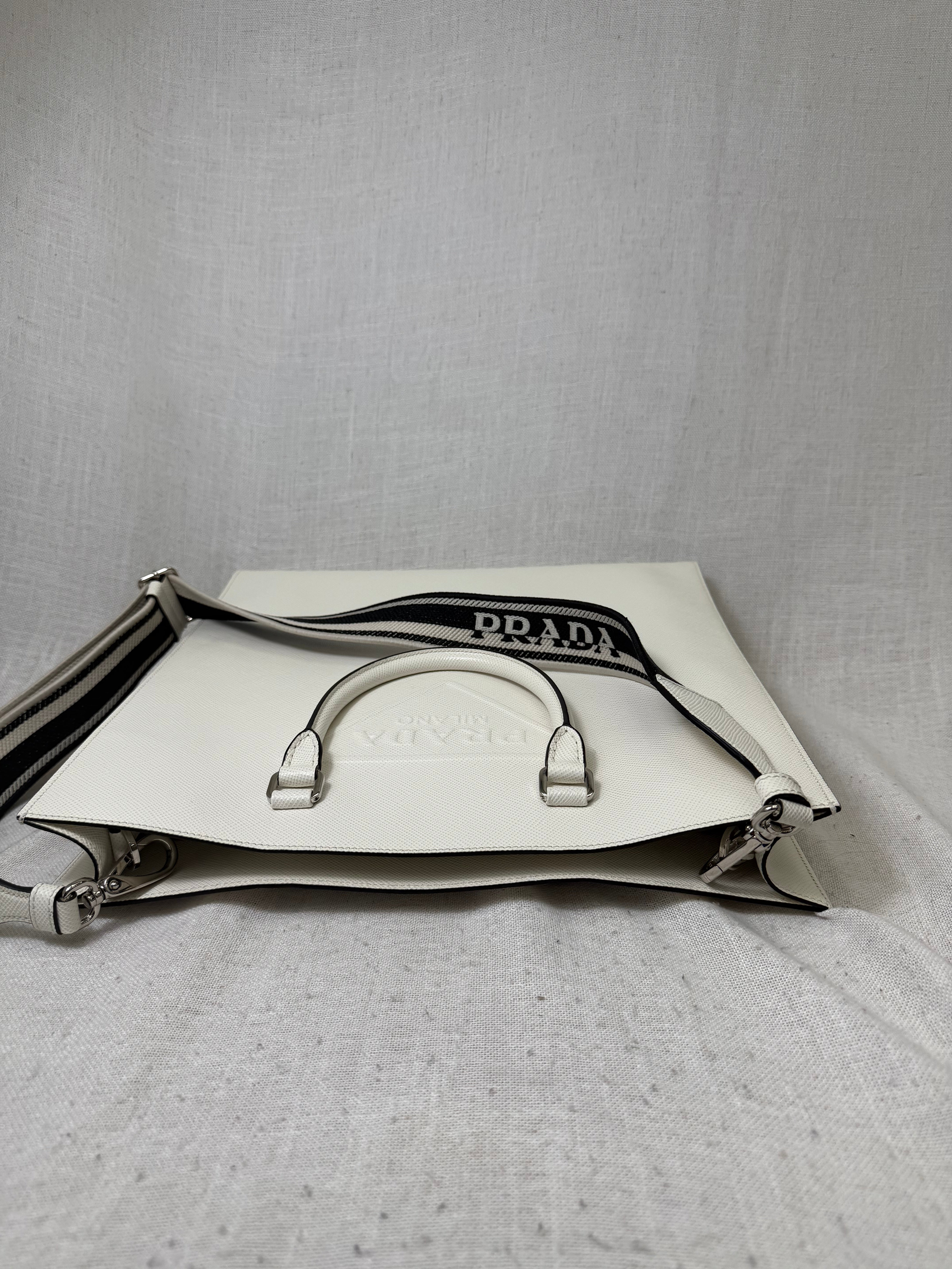 Prada White Saffiano Leather Embossed Triangle Tote Bag