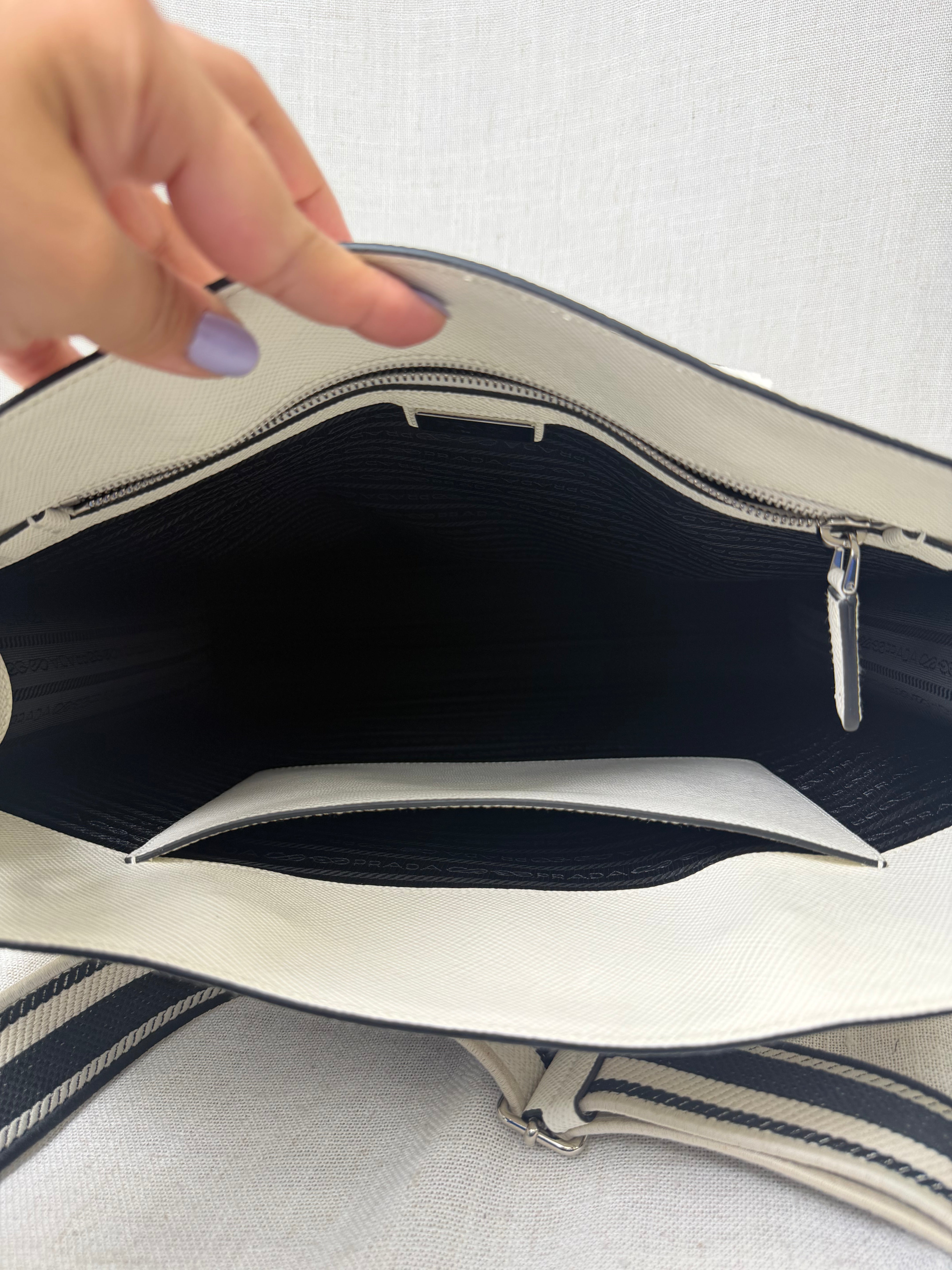 Prada White Saffiano Leather Embossed Triangle Tote Bag