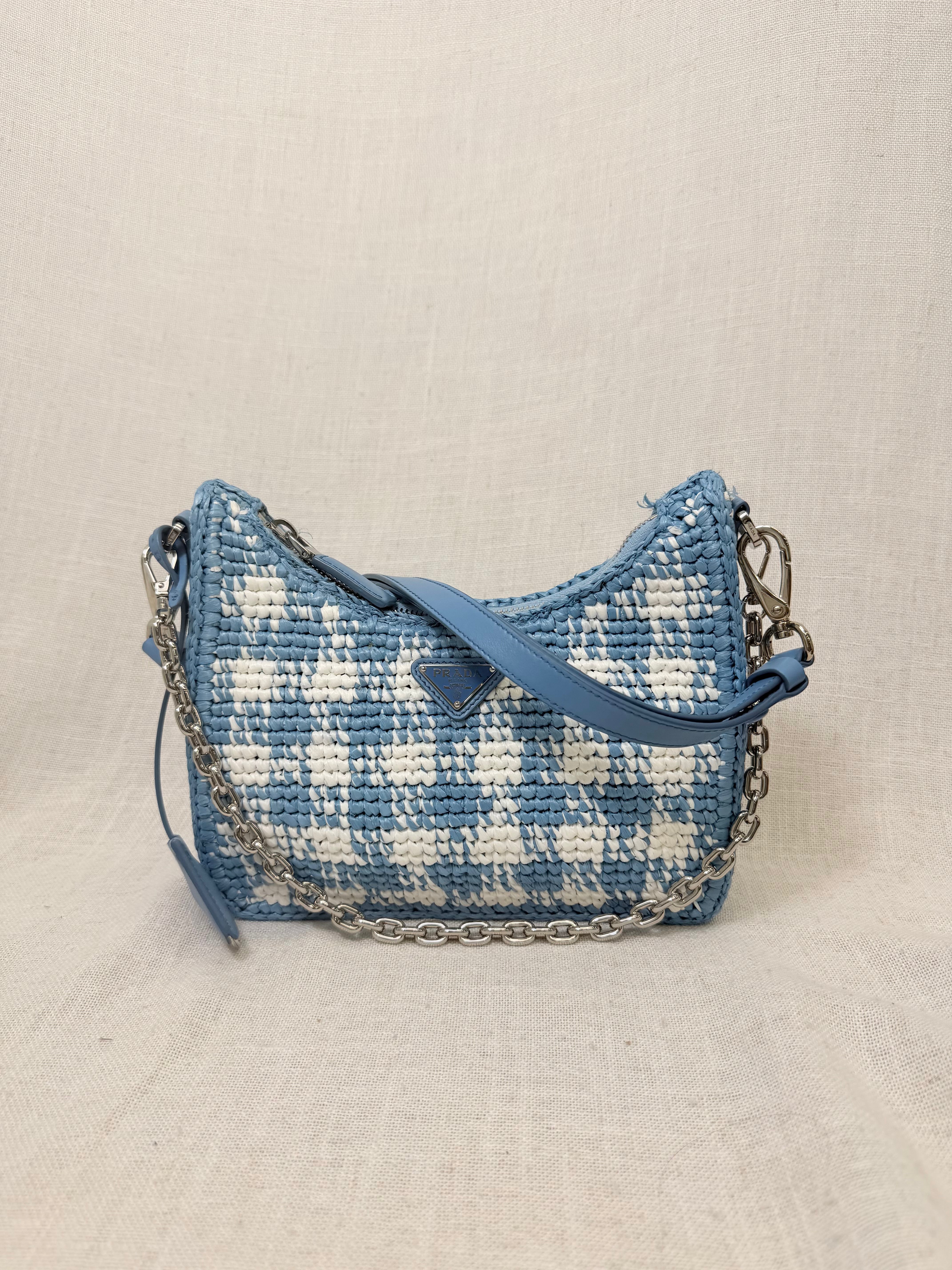 Prada Blue Checkered Gingham Raffia Re-Edition Shoulder Bag