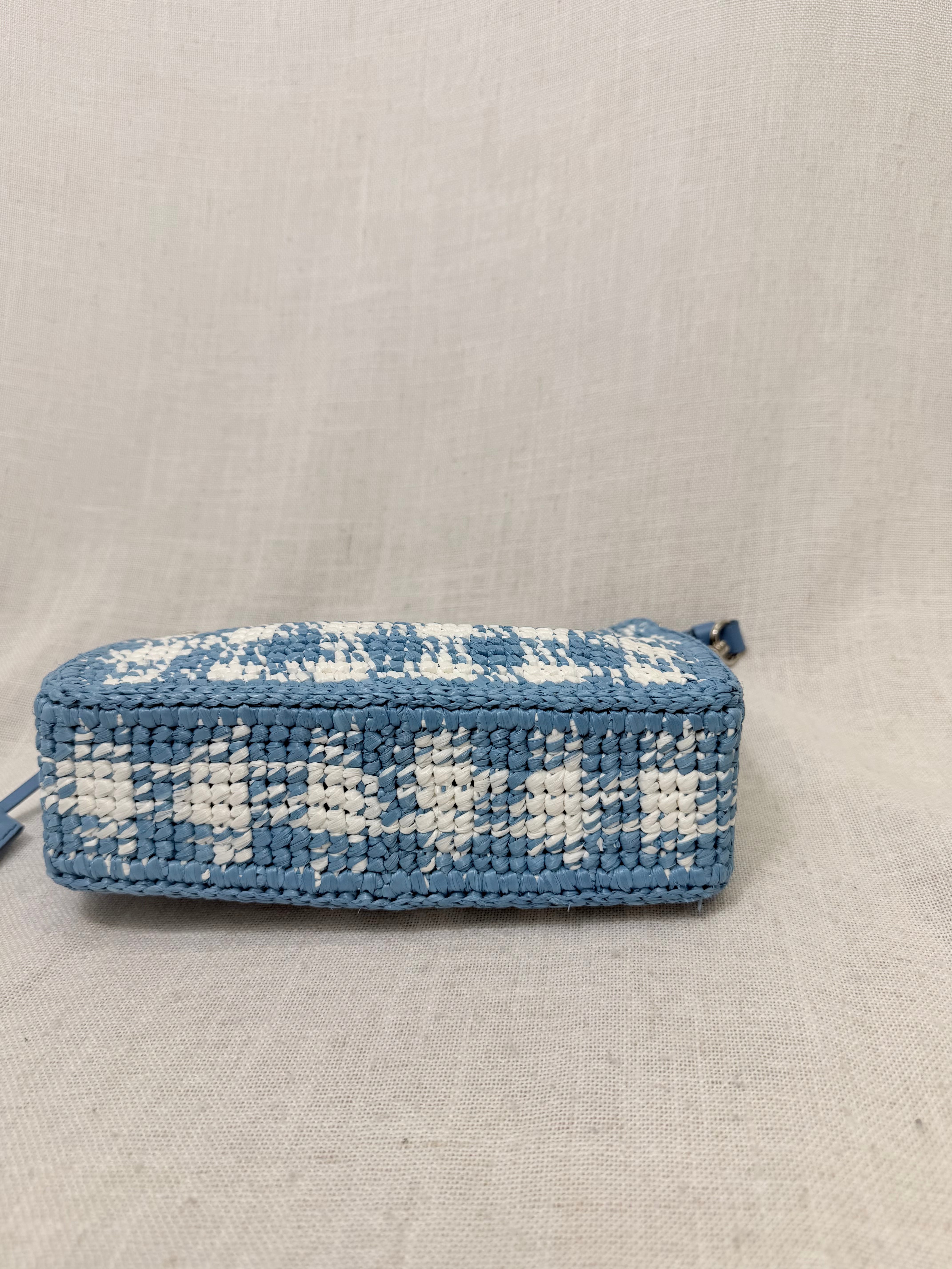 Prada Blue Checkered Gingham Raffia Re-Edition Shoulder Bag