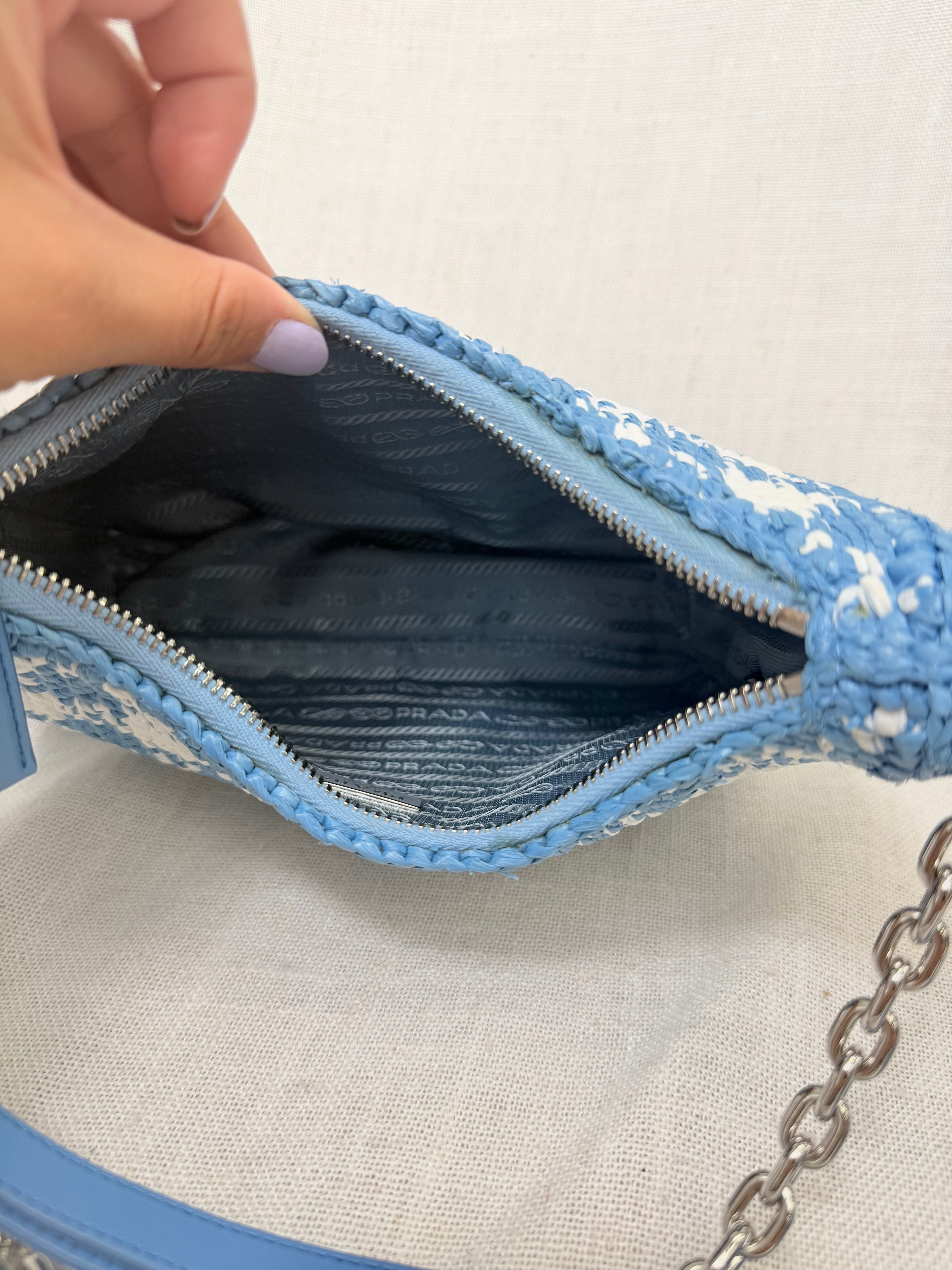 Prada Blue Checkered Gingham Raffia Re-Edition Shoulder Bag