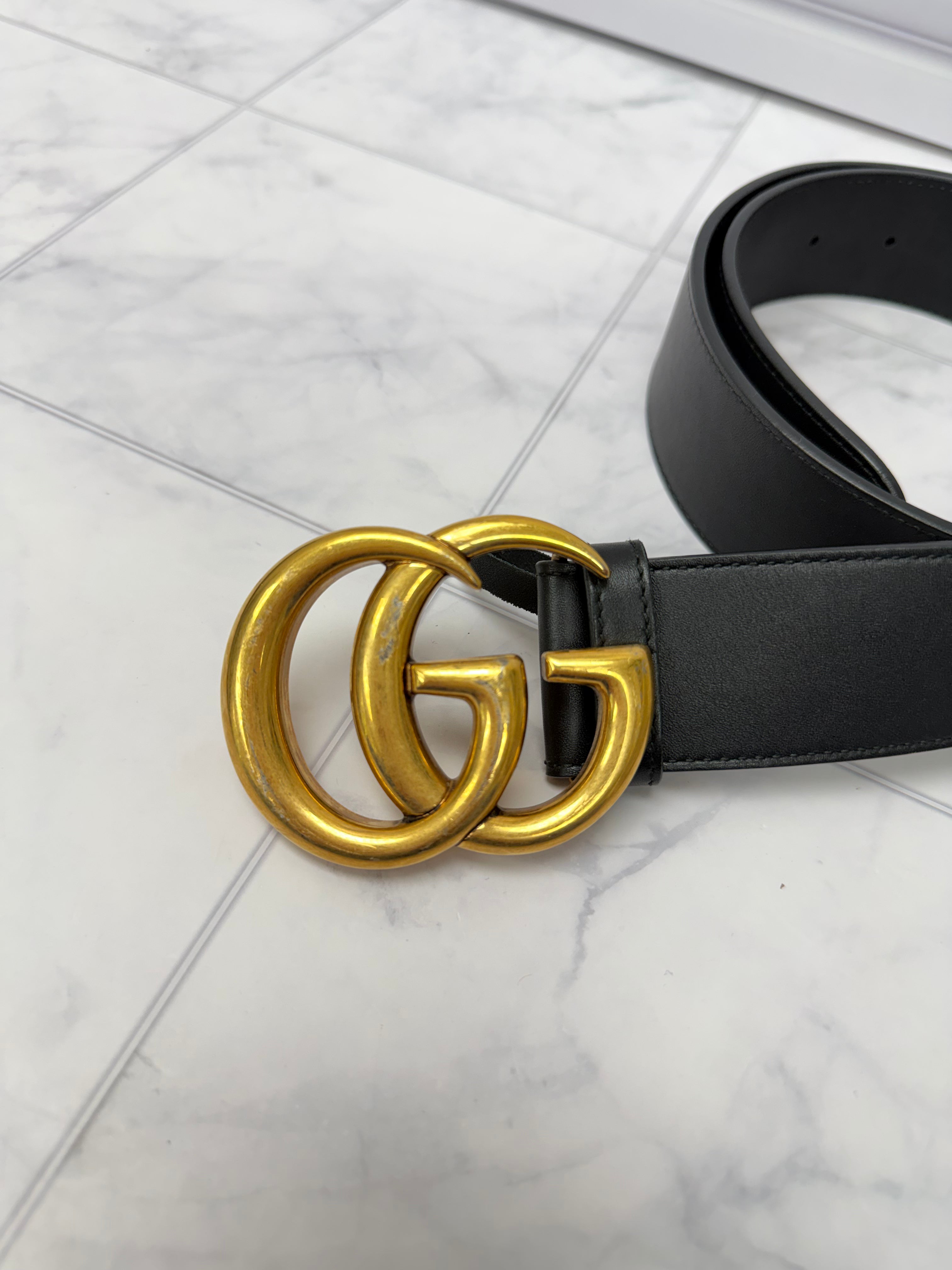 Gucci Black Leather GG Marmont Wide Belt Size 80