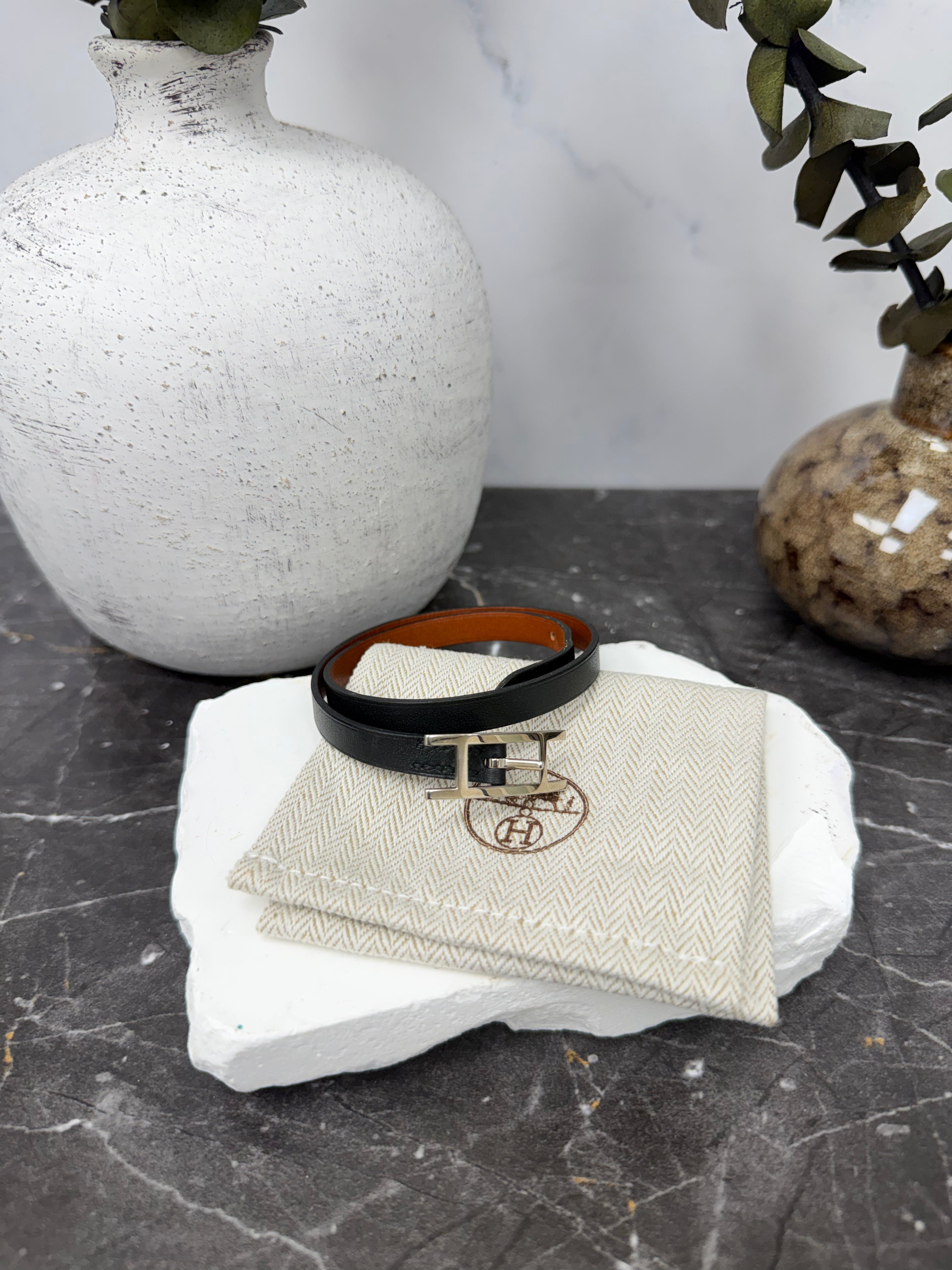 Hermes Black Leather Behapi Double Tour Bracelet