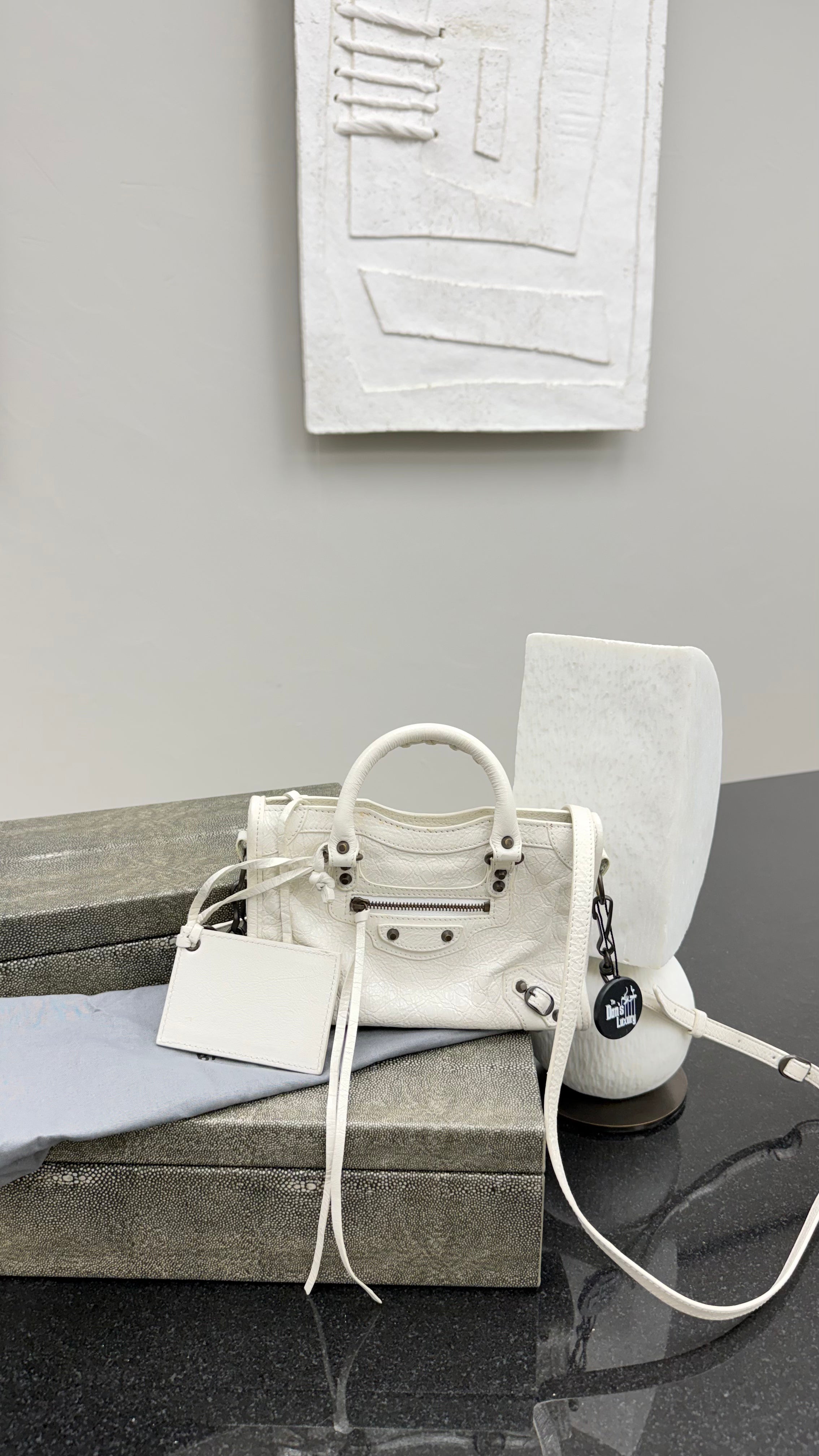 Balenciaga White Crinkled Lambskin Leather Le City Mini Handbag