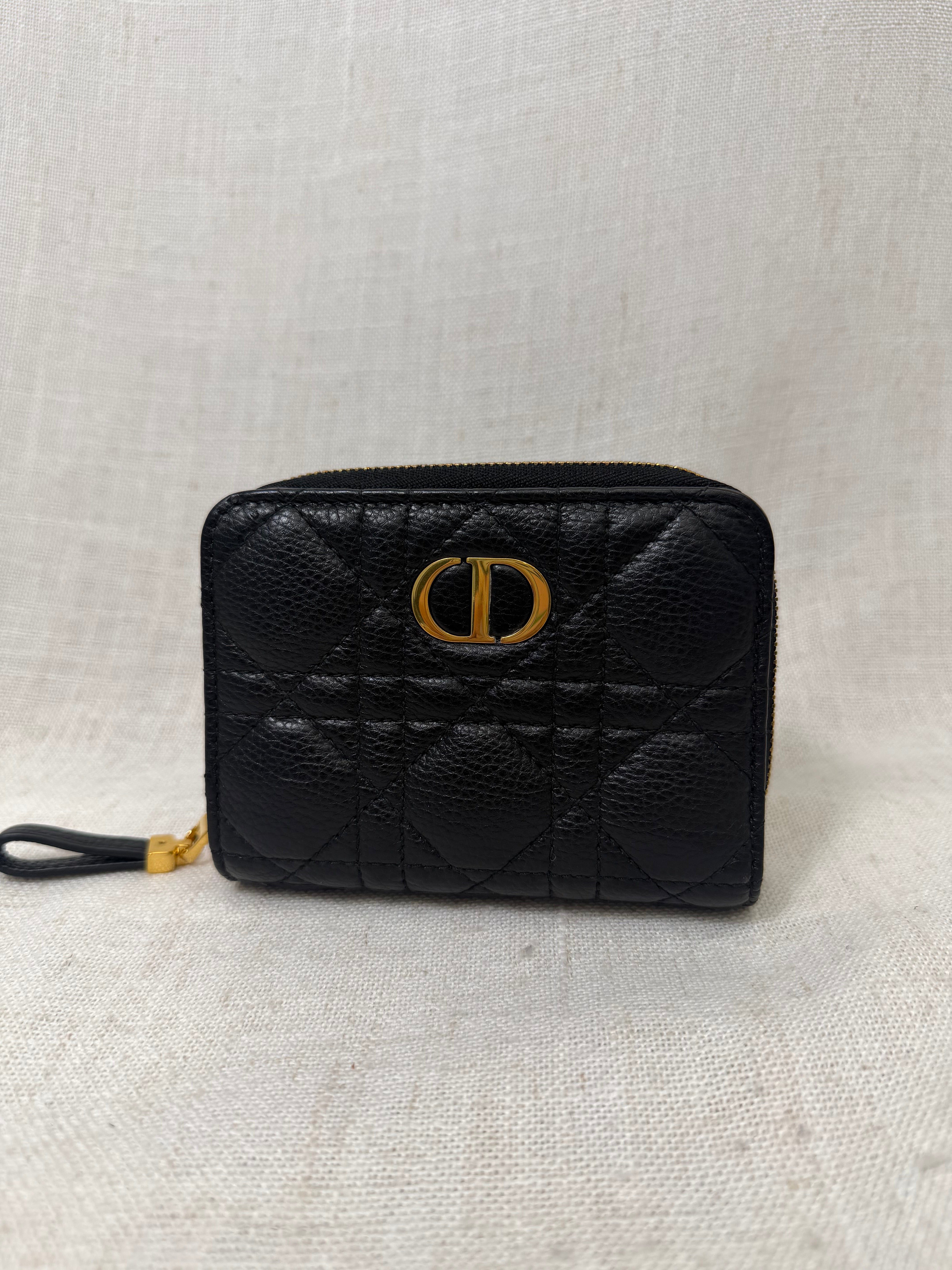 Christian Dior Black Grained Calfskin Leather Caro Compact Zippy Wallet