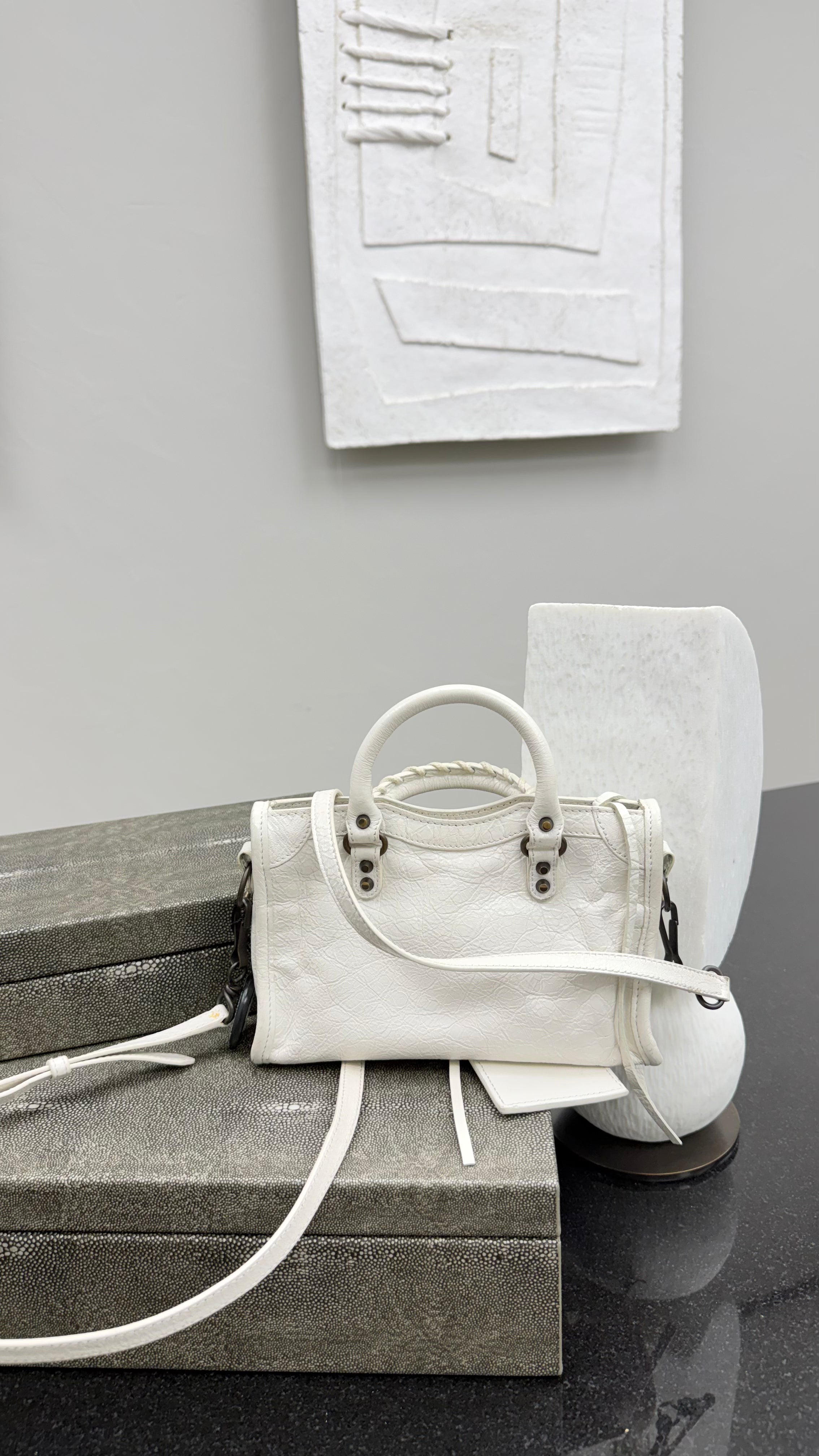 Balenciaga White Crinkled Lambskin Leather Le City Mini Handbag