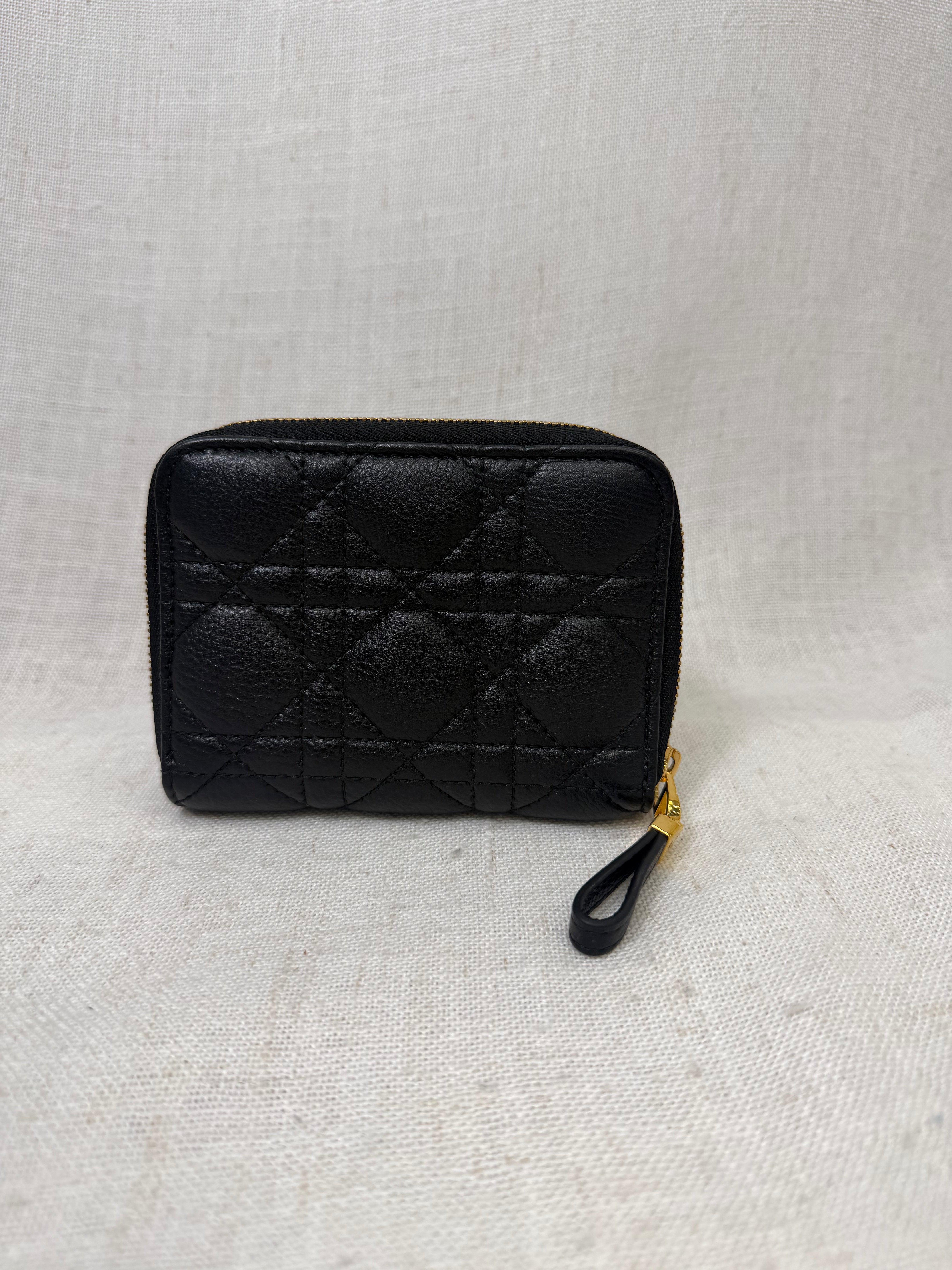 Christian Dior Black Grained Calfskin Leather Caro Compact Zippy Wallet