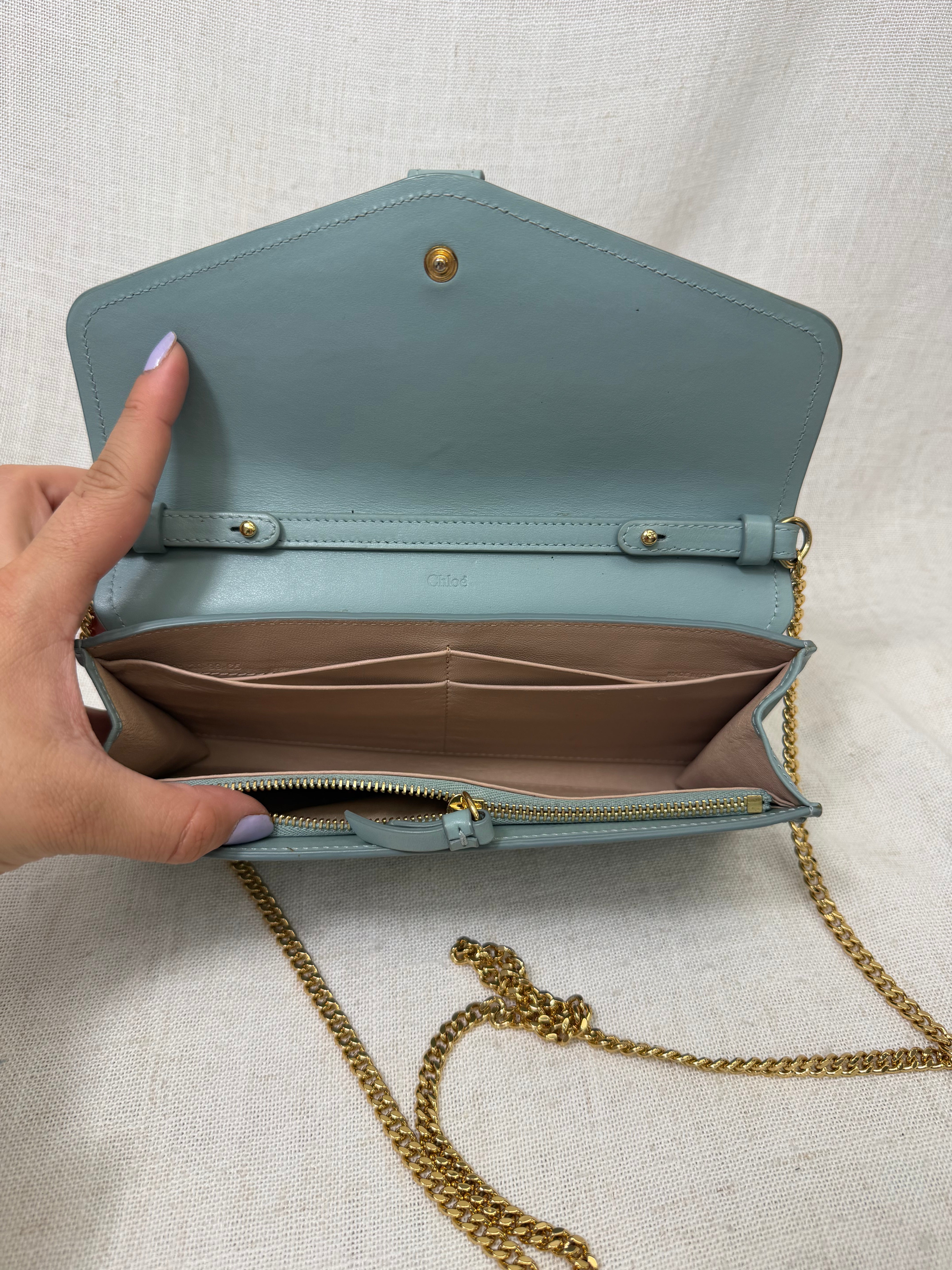 Chloe Blue Pebbled Leather Aby Long Chain Wallet