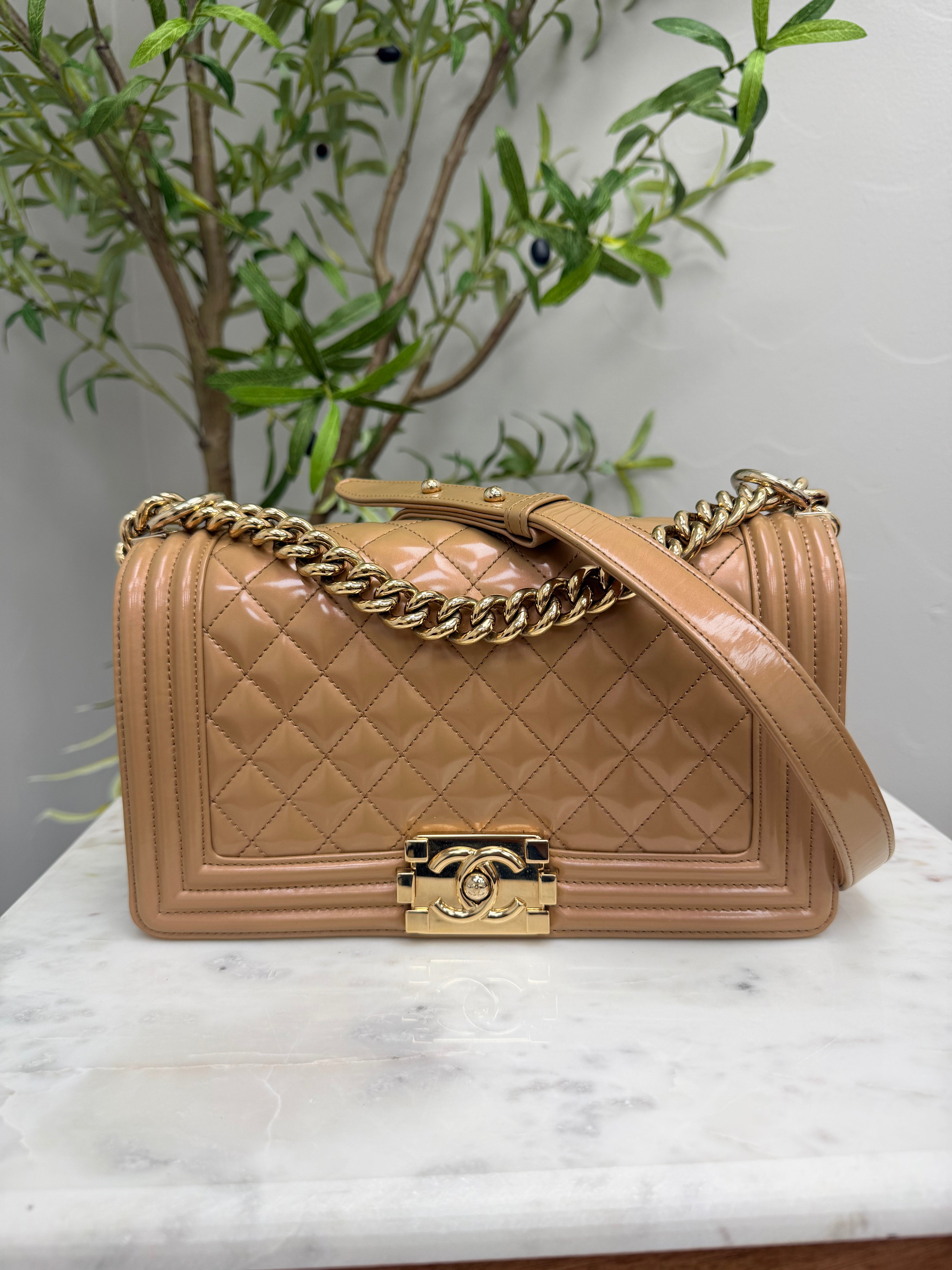 Chanel Beige Patent Leather Medium Boy Bag