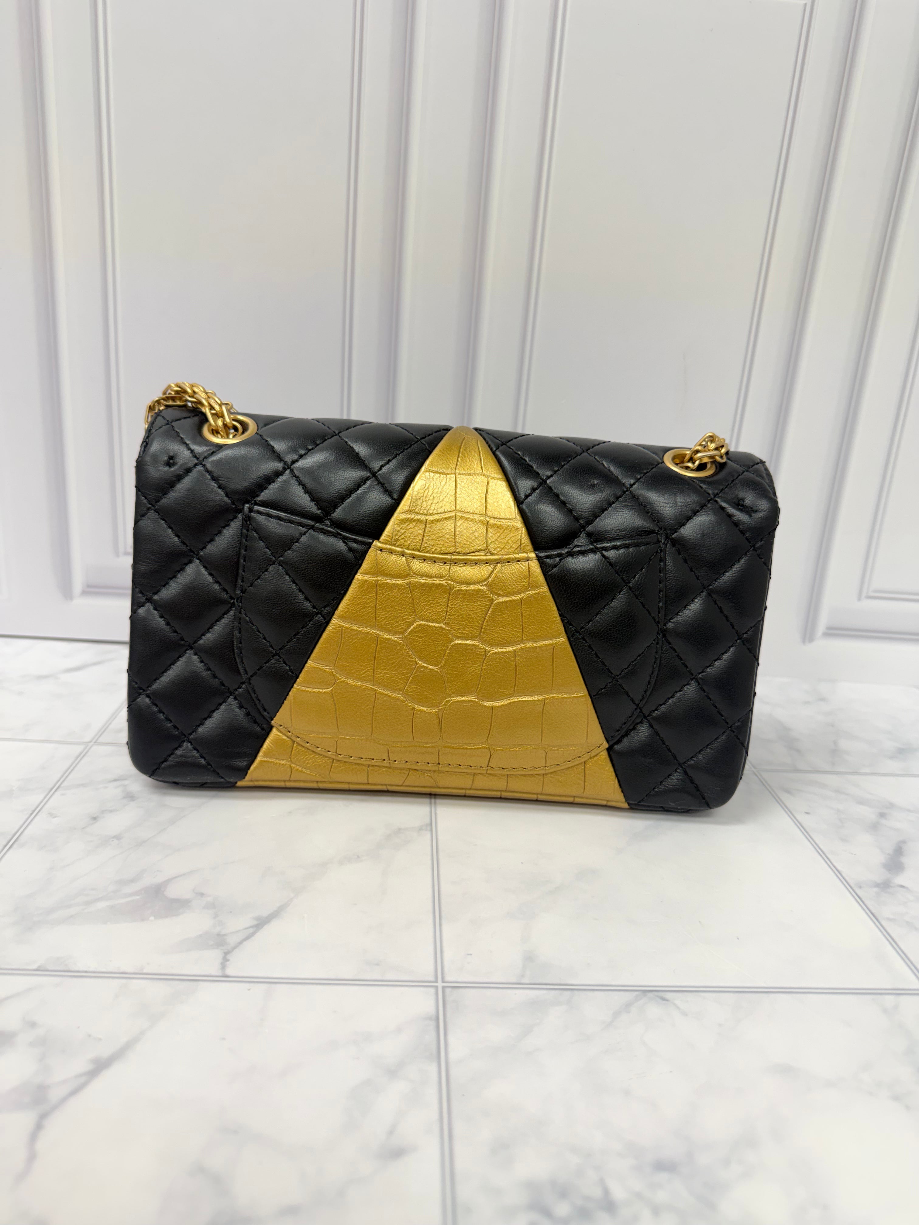 Chanel Black And Gold Lambskin Croc Embossed Medium Reissue Double Flap Bag