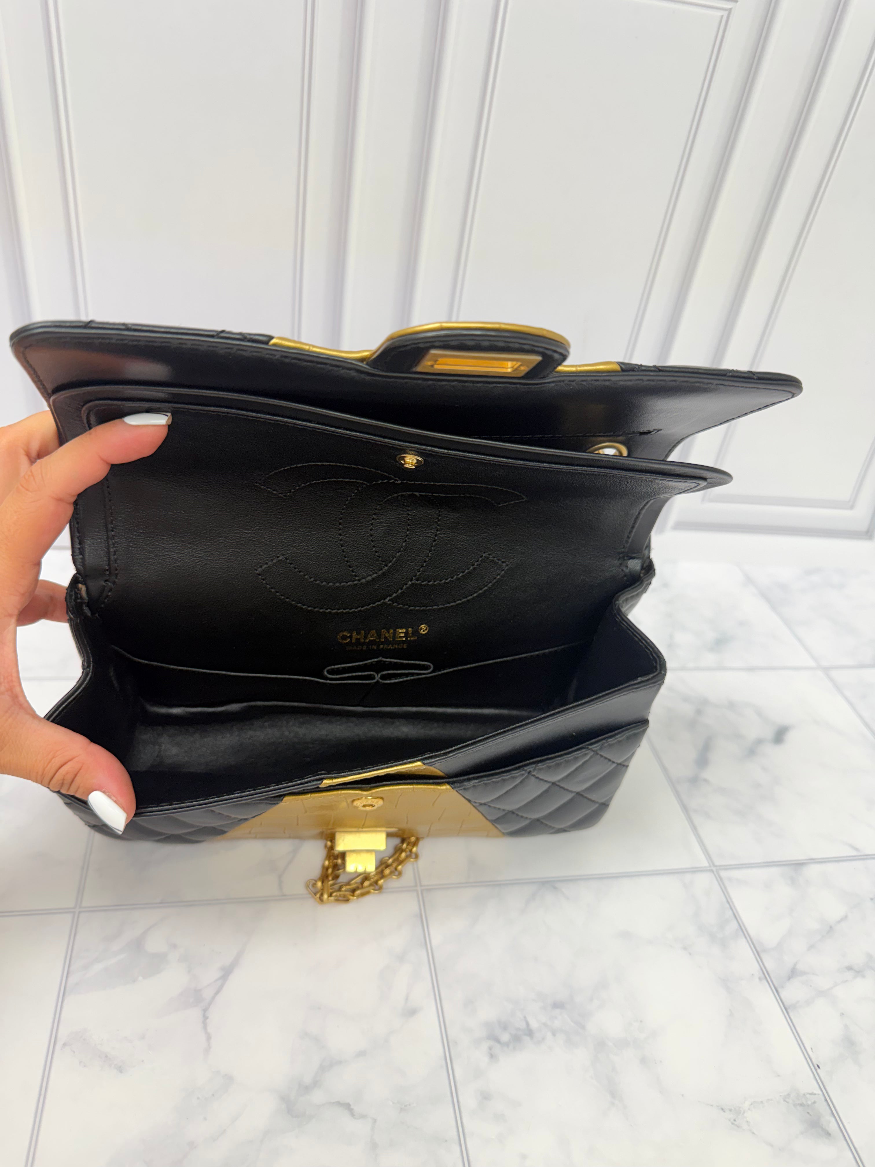 Chanel Black And Gold Lambskin Croc Embossed Medium Reissue Double Flap Bag