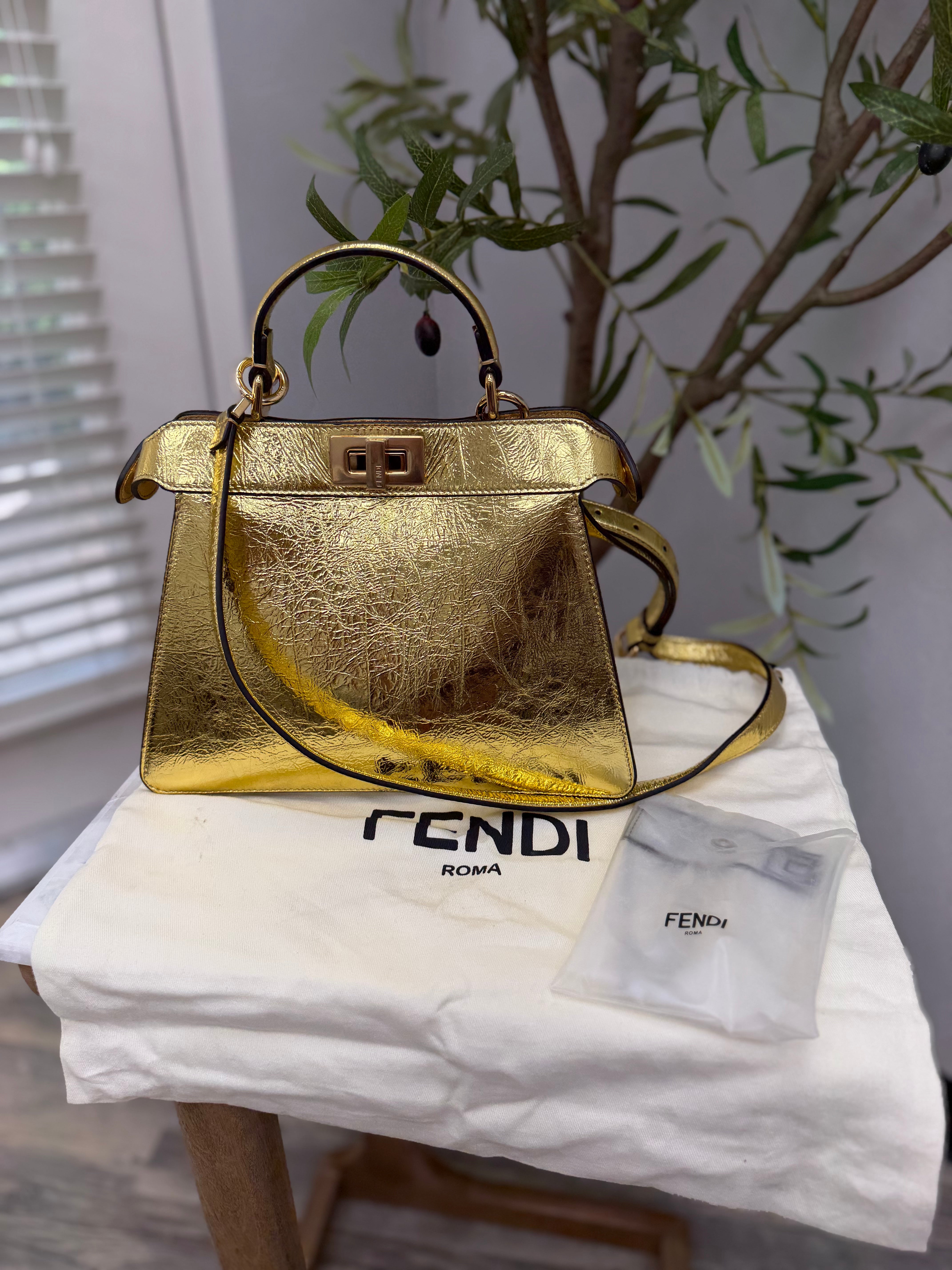 LIKE NEW - Fendi Metallic Gold Leather Peekaboo ISeeU Bag