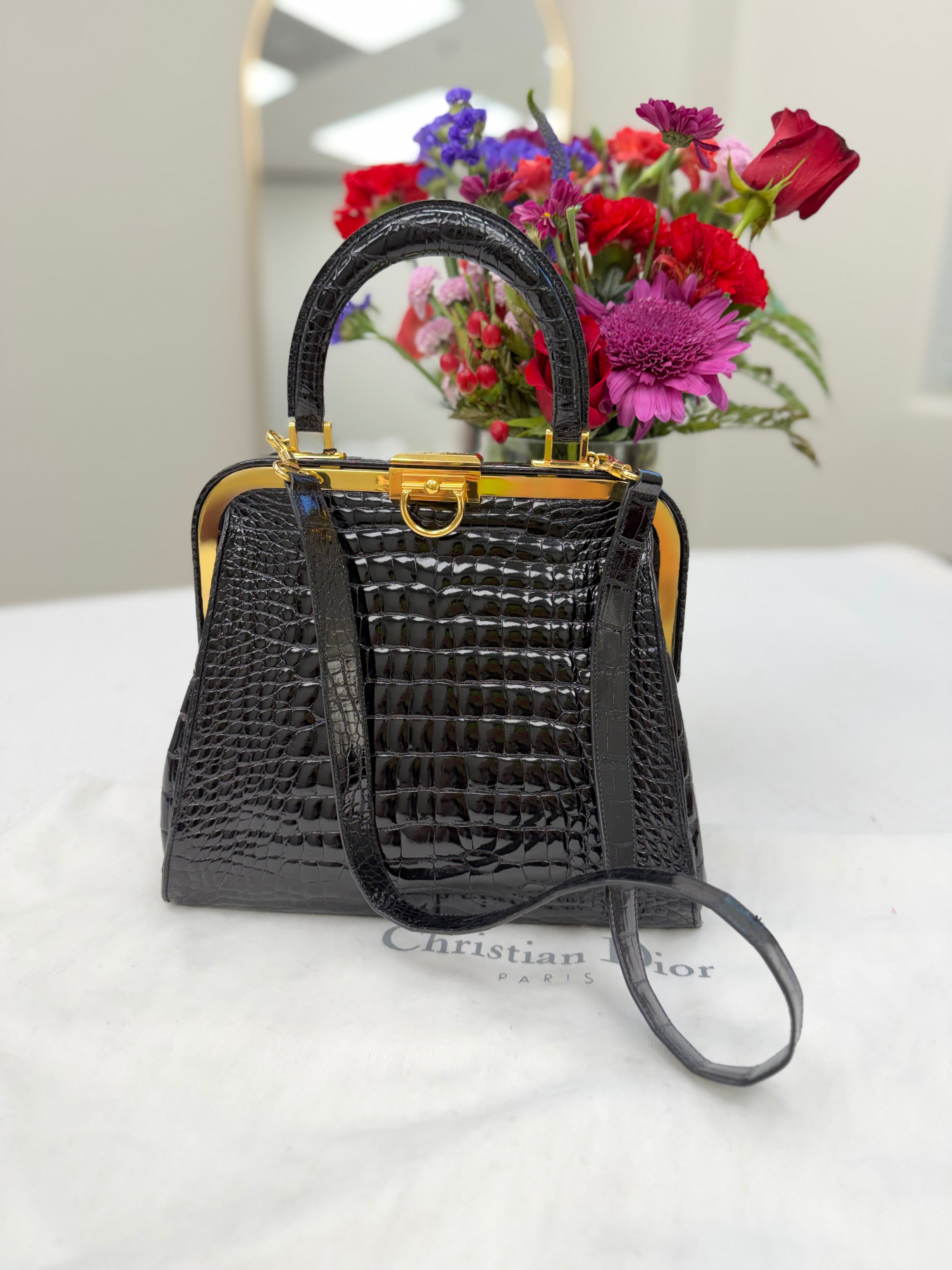 Christian Dior Black Croc Patent Leather Doctor Bag