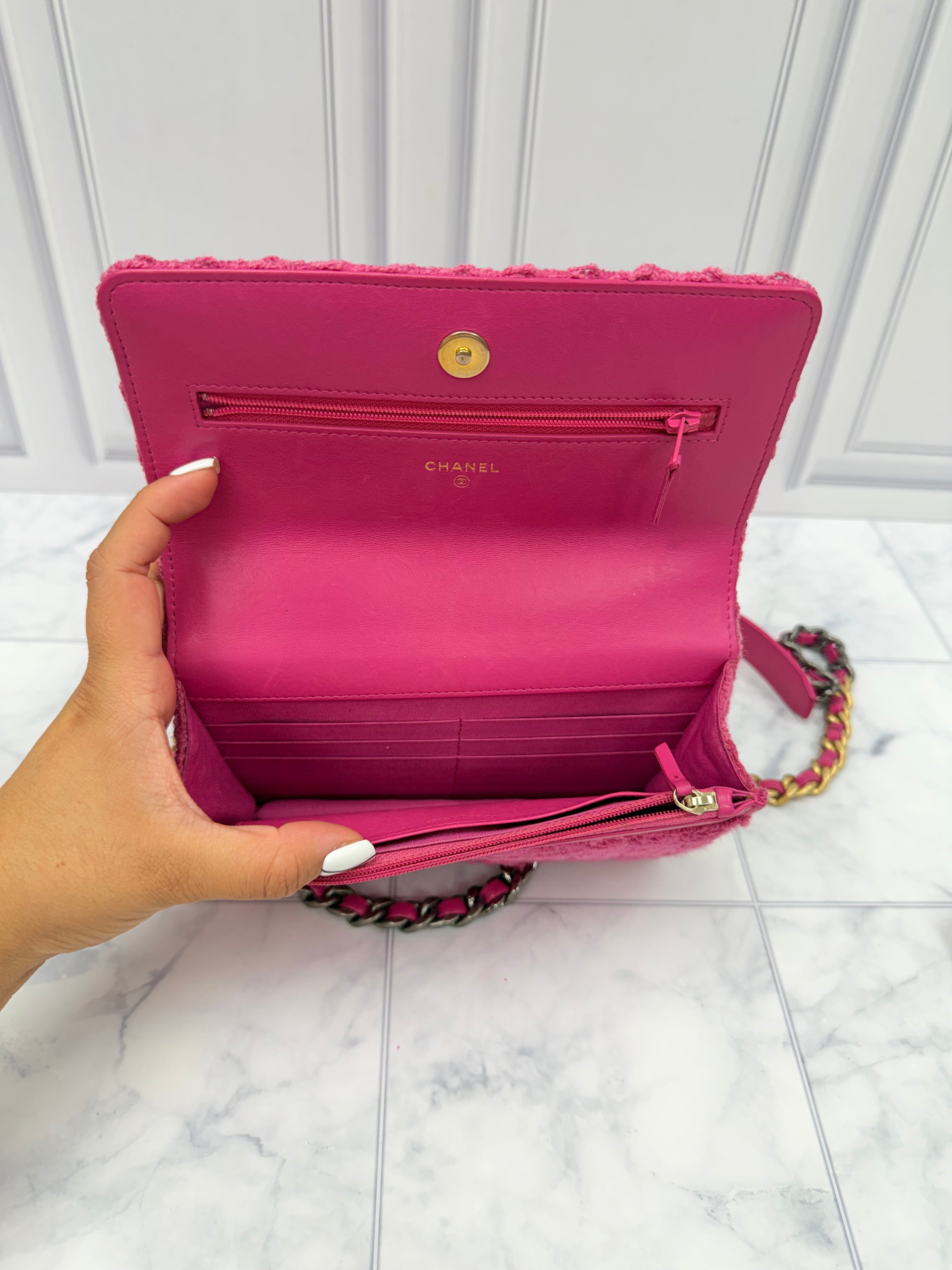 Chanel Hot Pink Tweed Wallet On A Chain