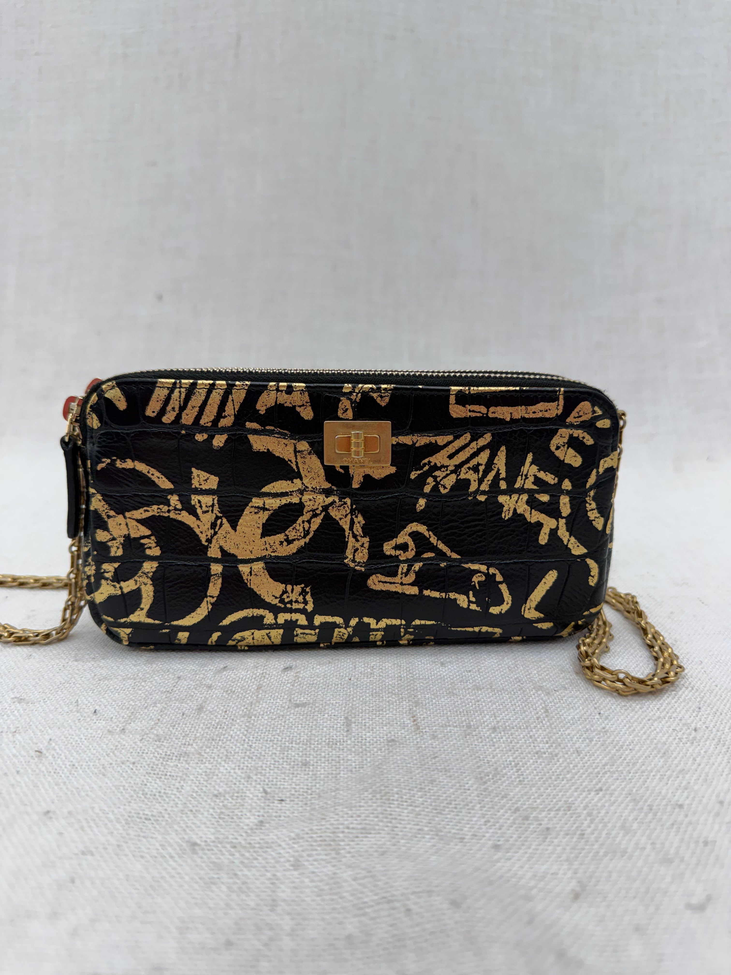 Chanel Black & Gold Graffiti Croc Embossed Double Zip Resissue Wallet on a Chain