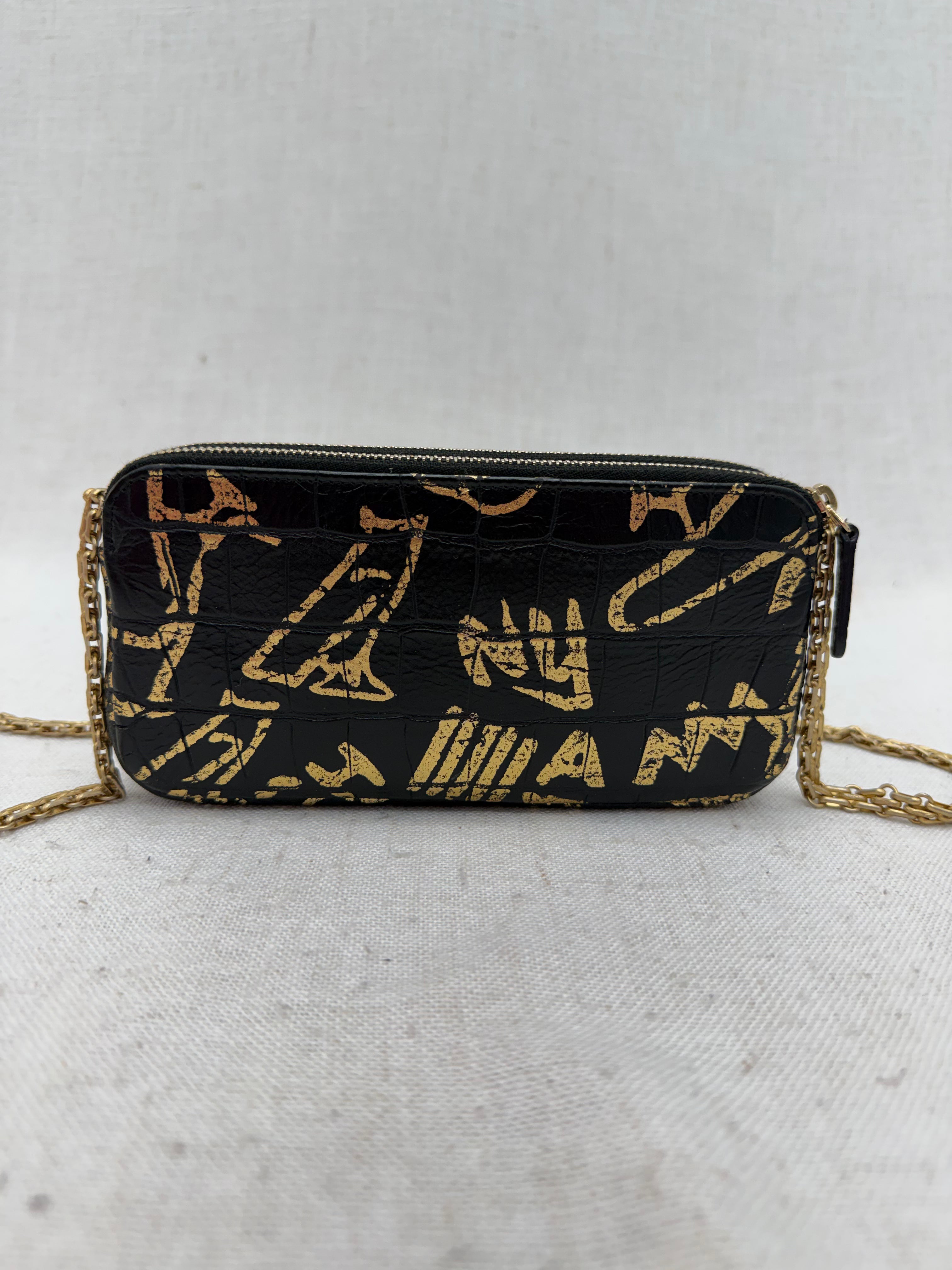 Chanel Black & Gold Graffiti Croc Embossed Double Zip Resissue Wallet on a Chain