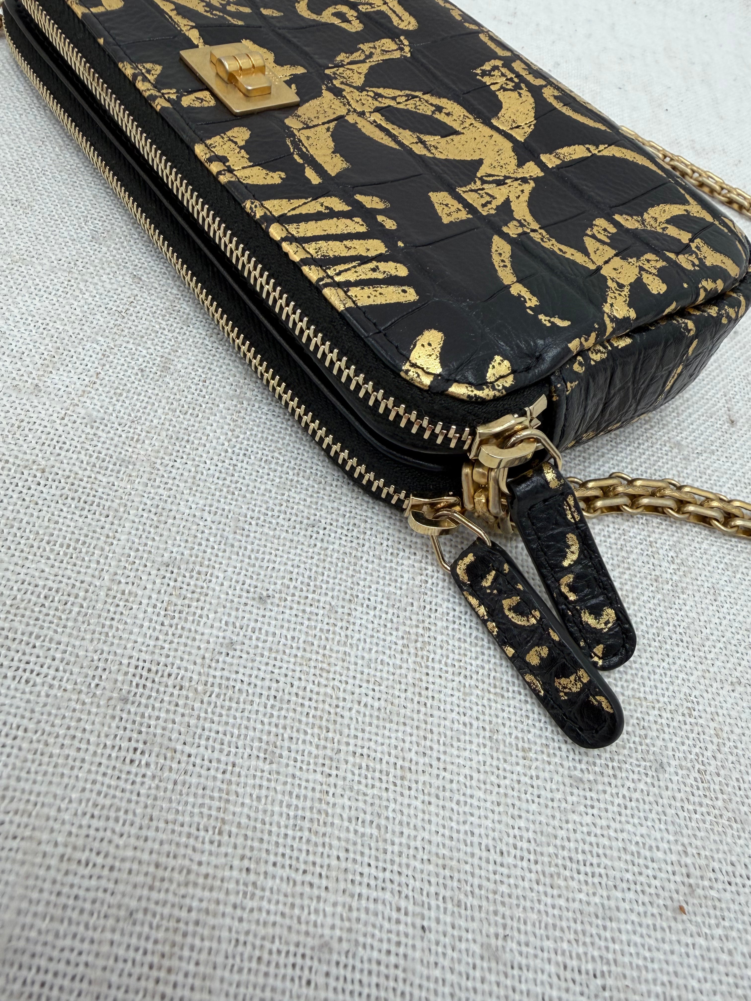 Chanel Black & Gold Graffiti Croc Embossed Double Zip Resissue Wallet on a Chain