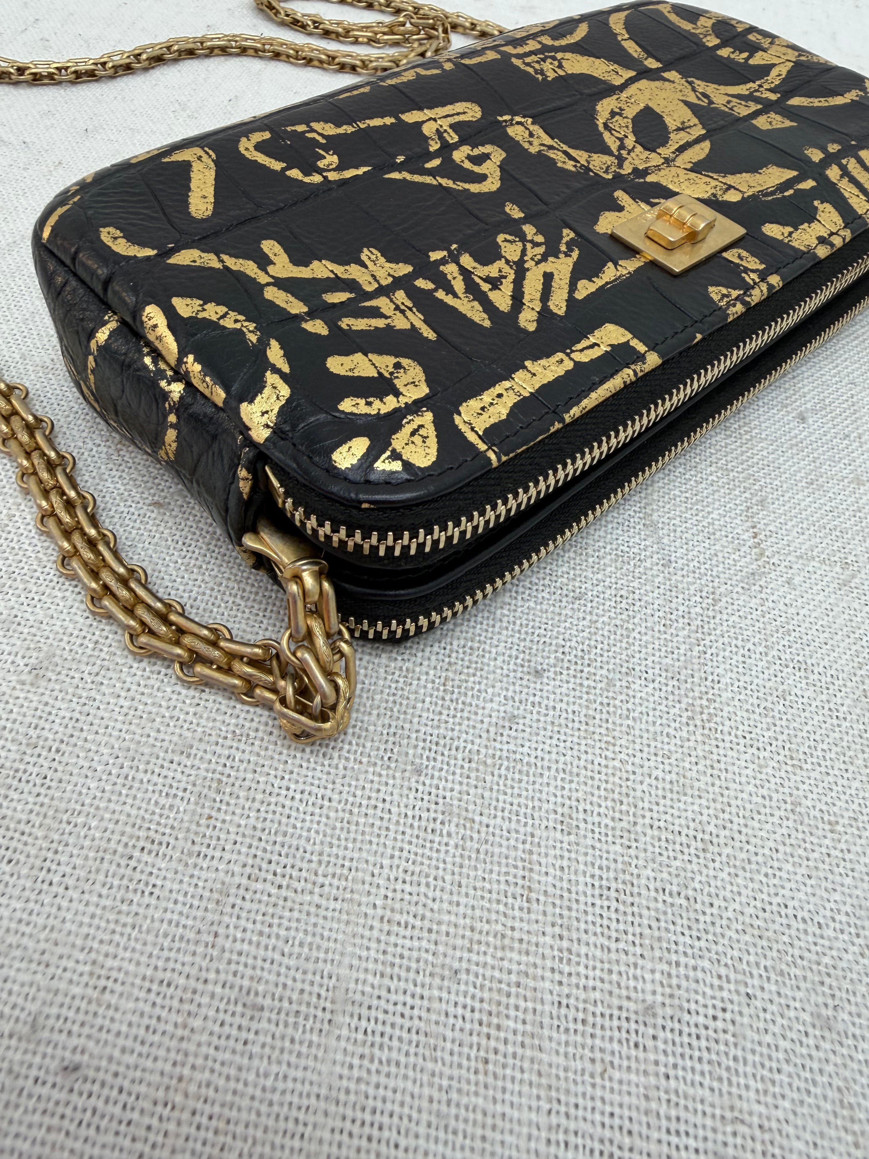 Chanel Black & Gold Graffiti Croc Embossed Double Zip Resissue Wallet on a Chain