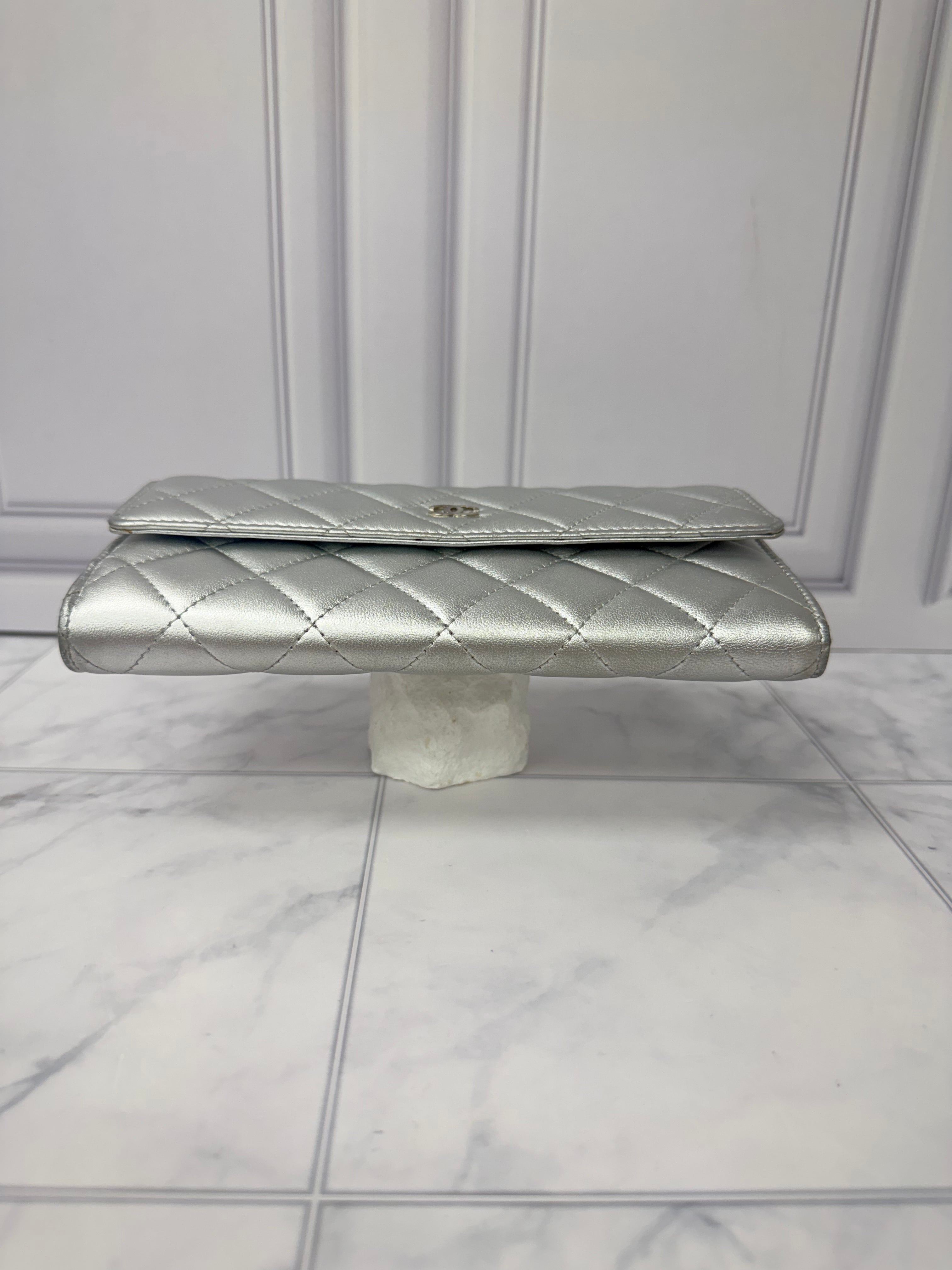 Chanel Silver Quilted Leather Flap Wallet
