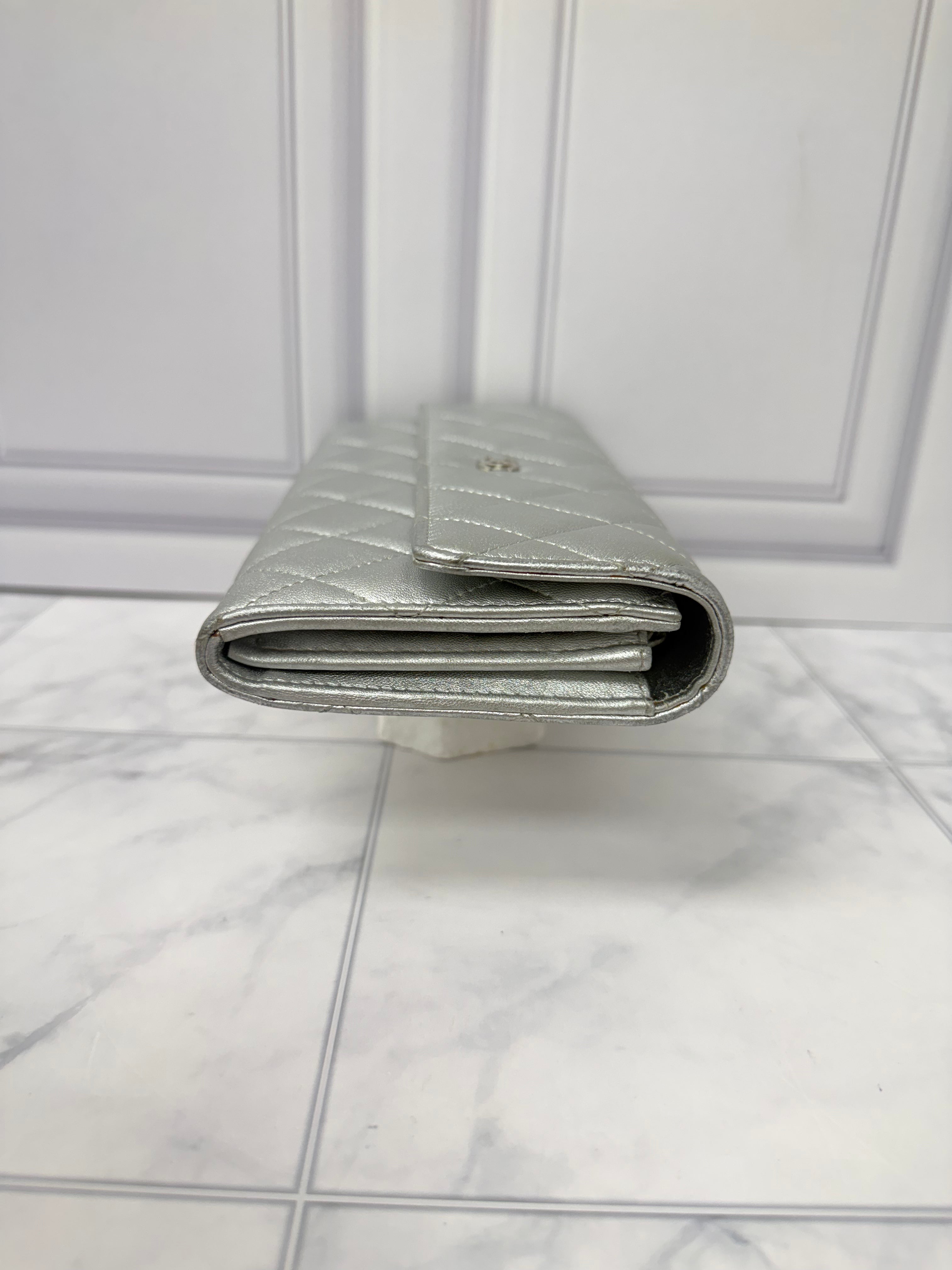 Chanel Silver Quilted Leather Flap Wallet