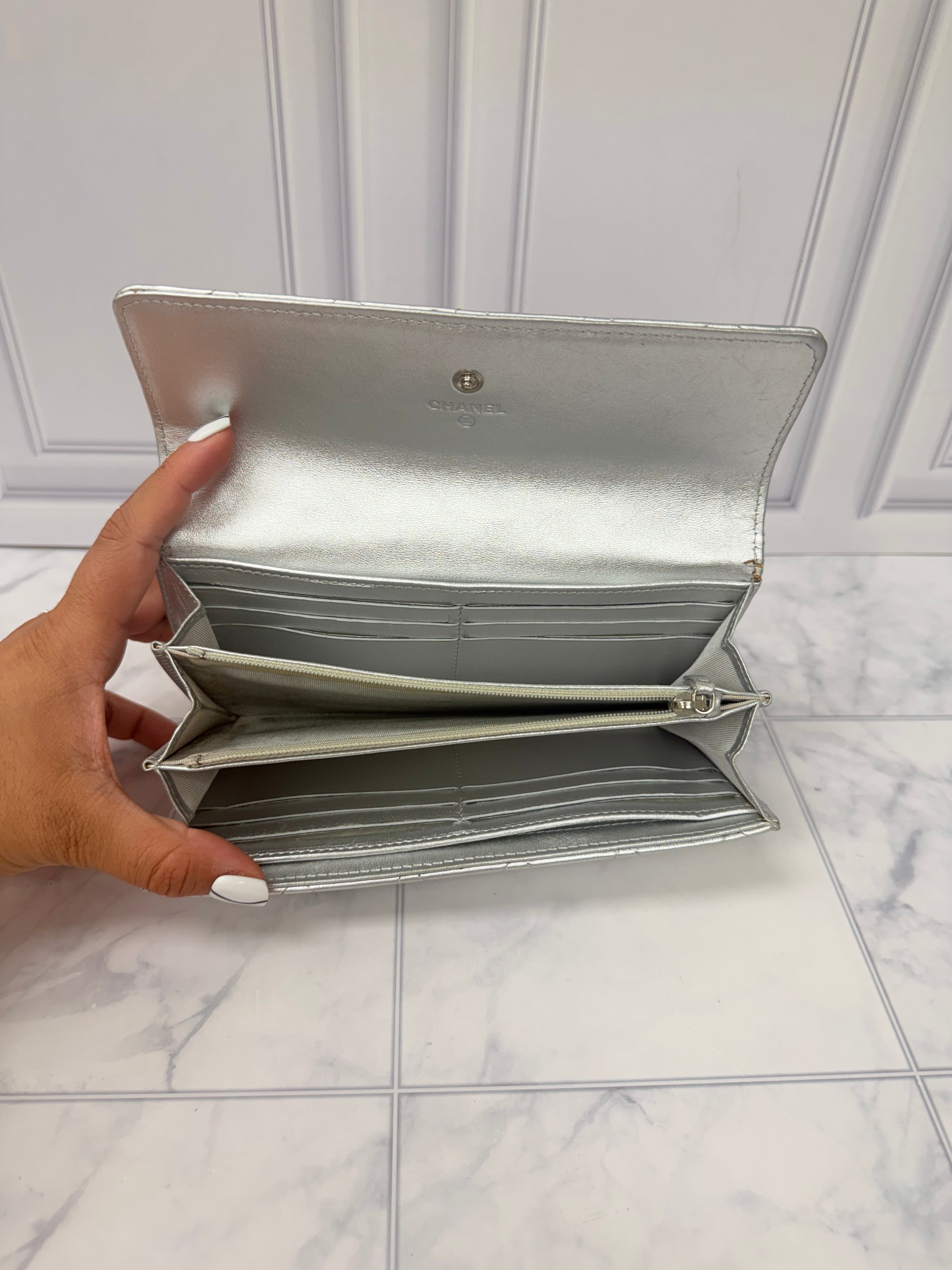 Chanel Silver Quilted Leather Flap Wallet