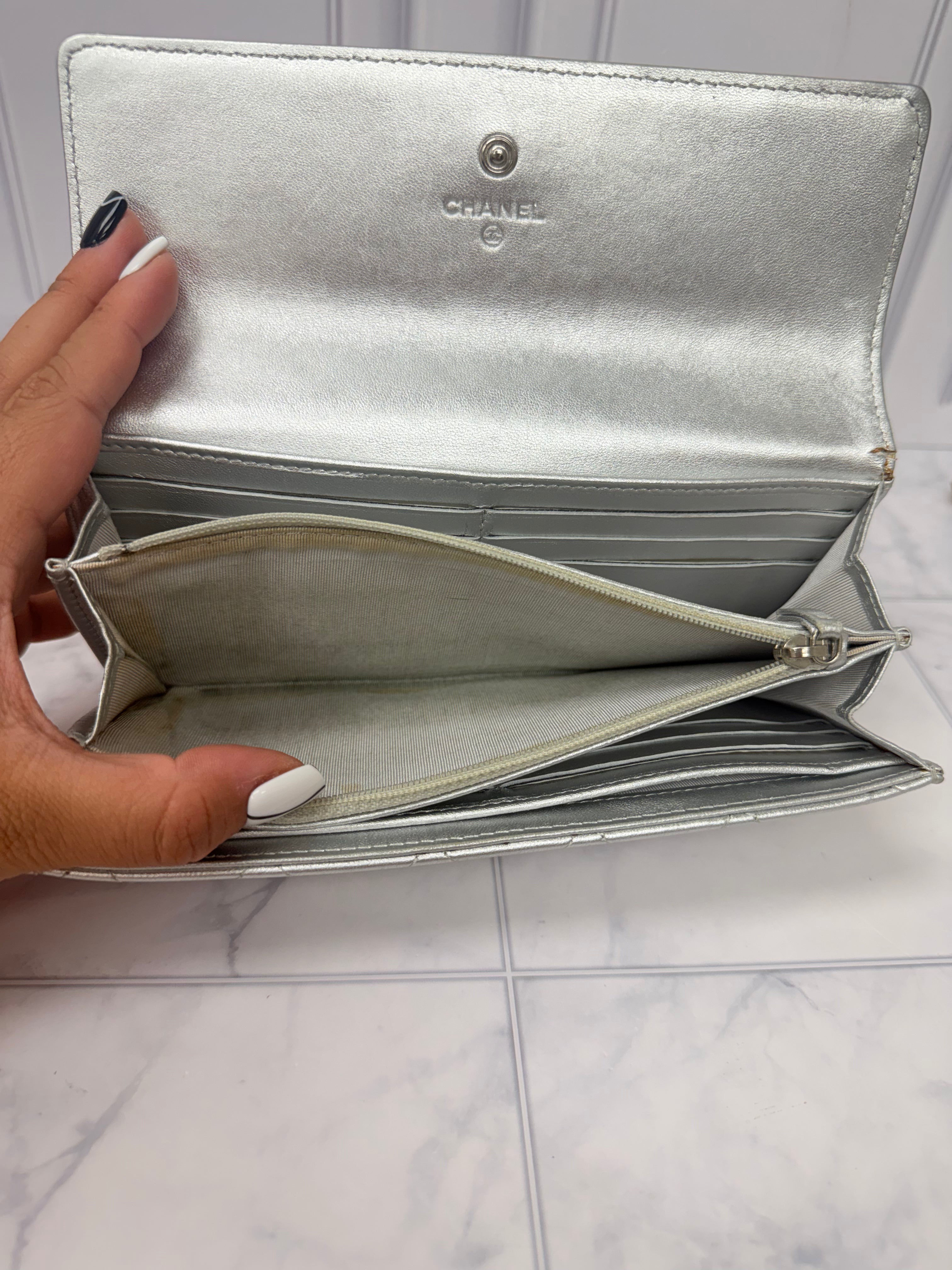 Chanel Silver Quilted Leather Flap Wallet