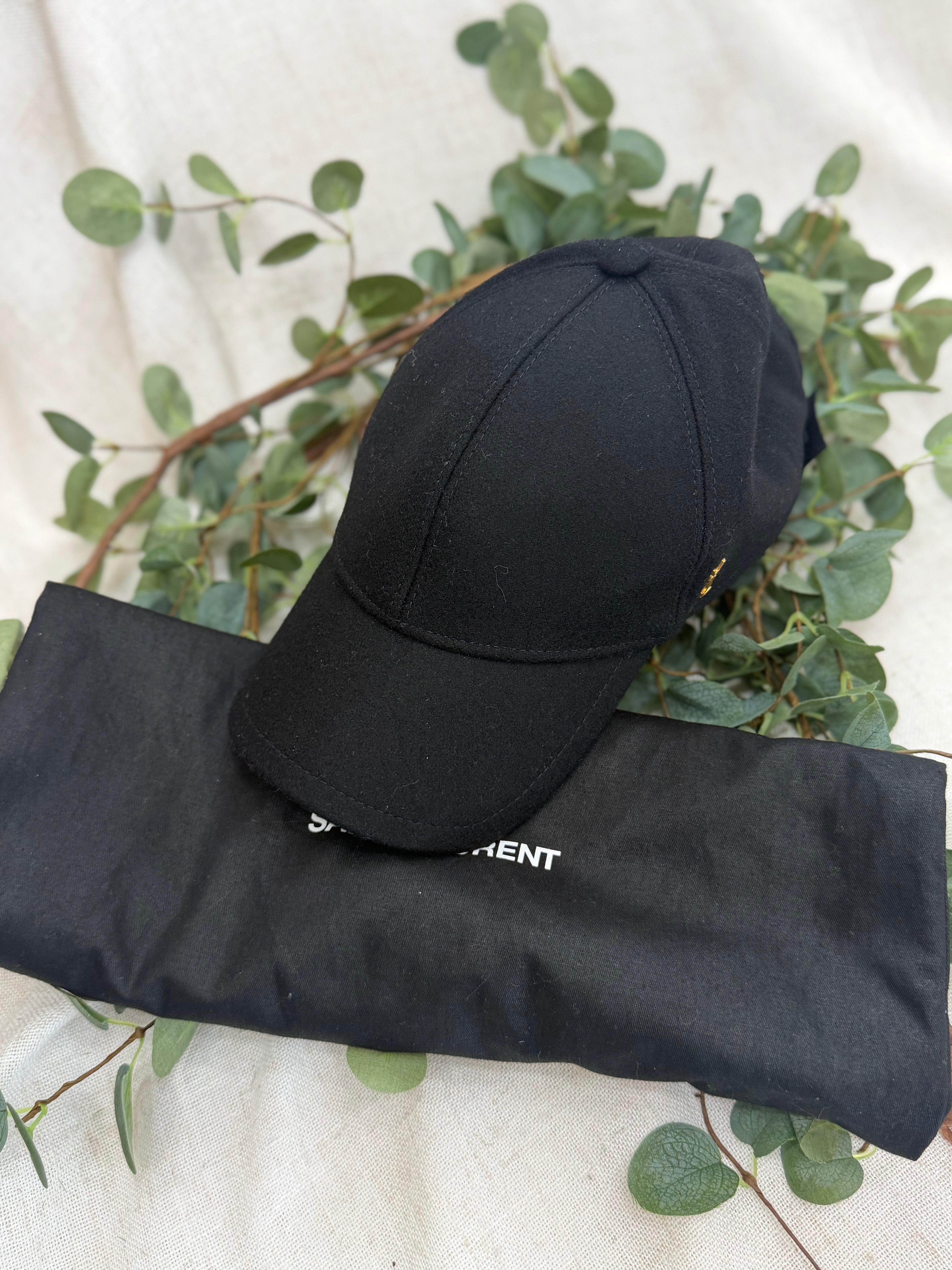 Saint Laurent YSL Black Wool Felt Gold Monogram Baseball Cap