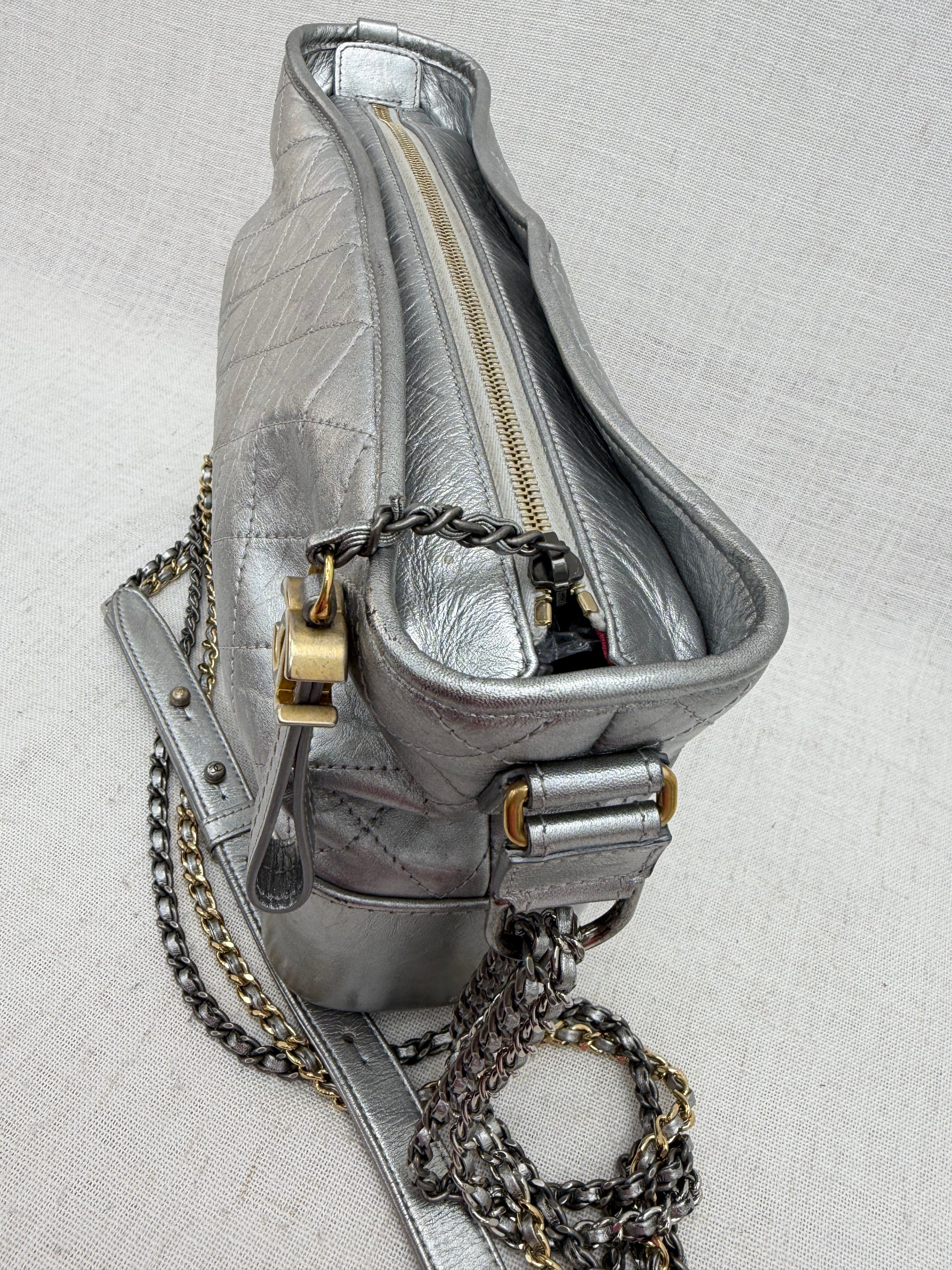 Chanel Metallic Silver Quilted Lambskin Large Gabrielle Hobo Bag