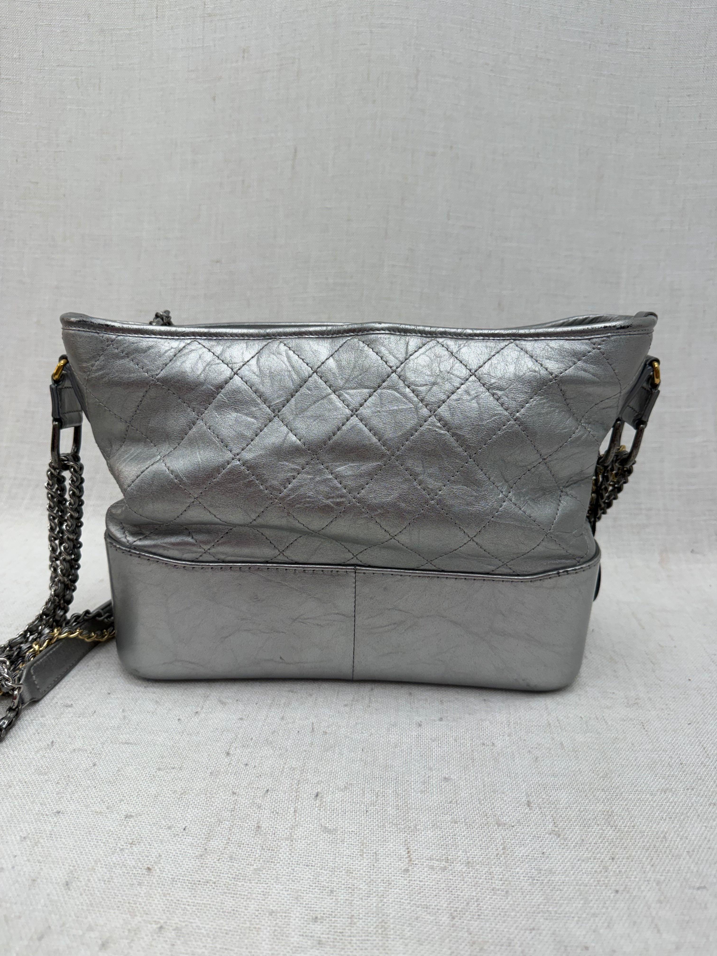 Chanel Metallic Silver Quilted Lambskin Large Gabrielle Hobo Bag