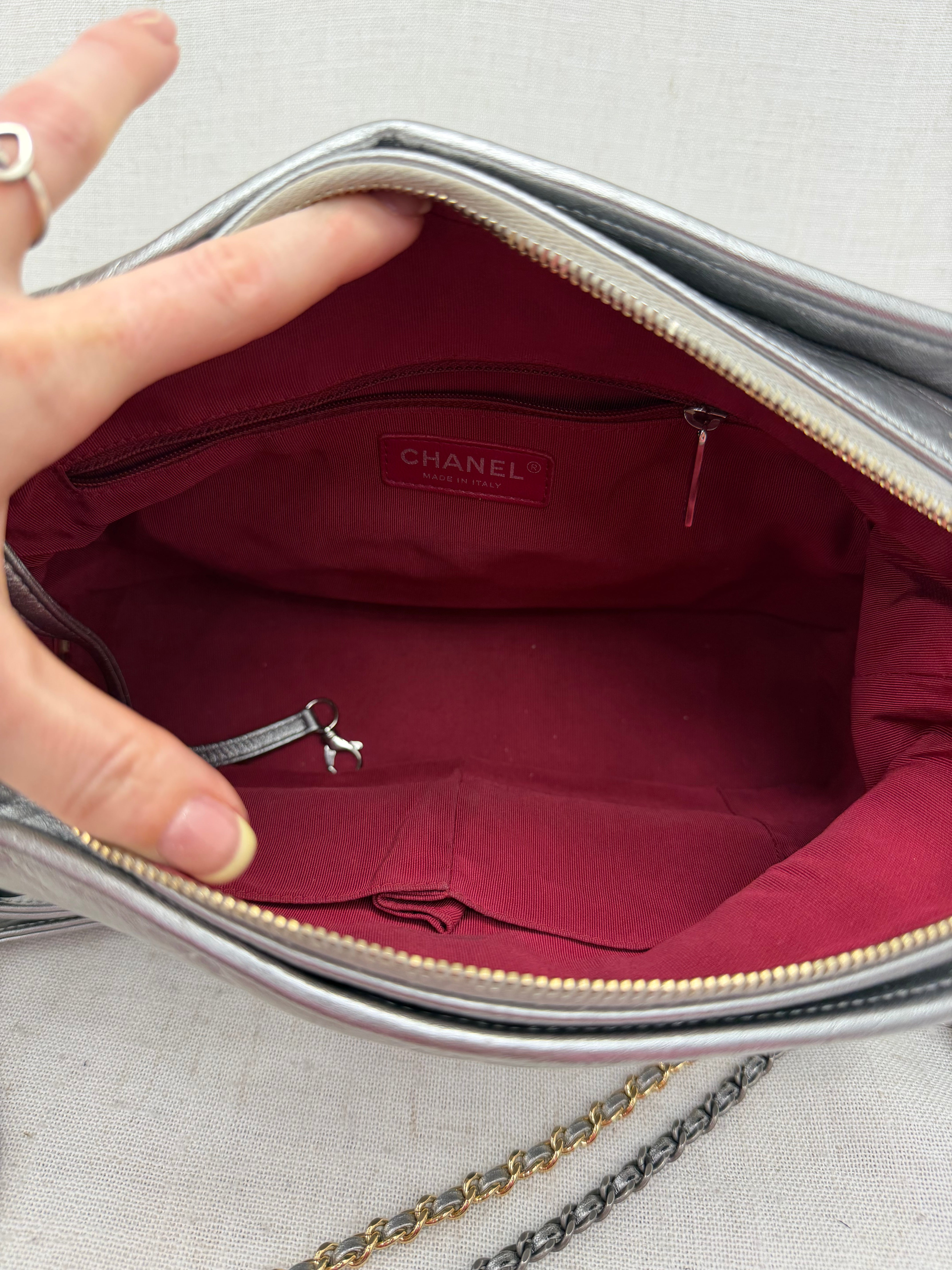 Chanel Metallic Silver Quilted Lambskin Large Gabrielle Hobo Bag