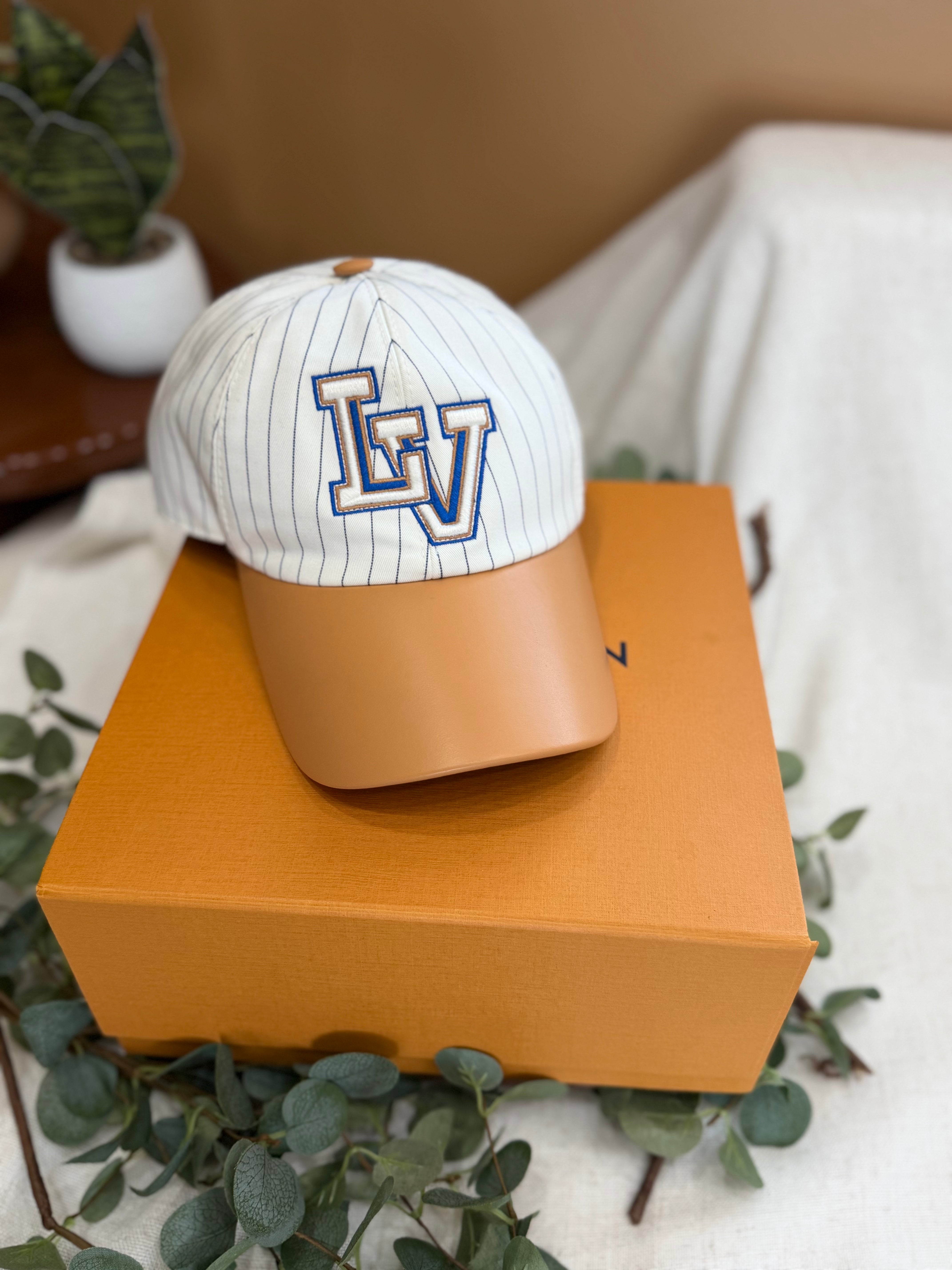 Louis Vuitton White Pinstripes and Brown Leather Varsity Cap