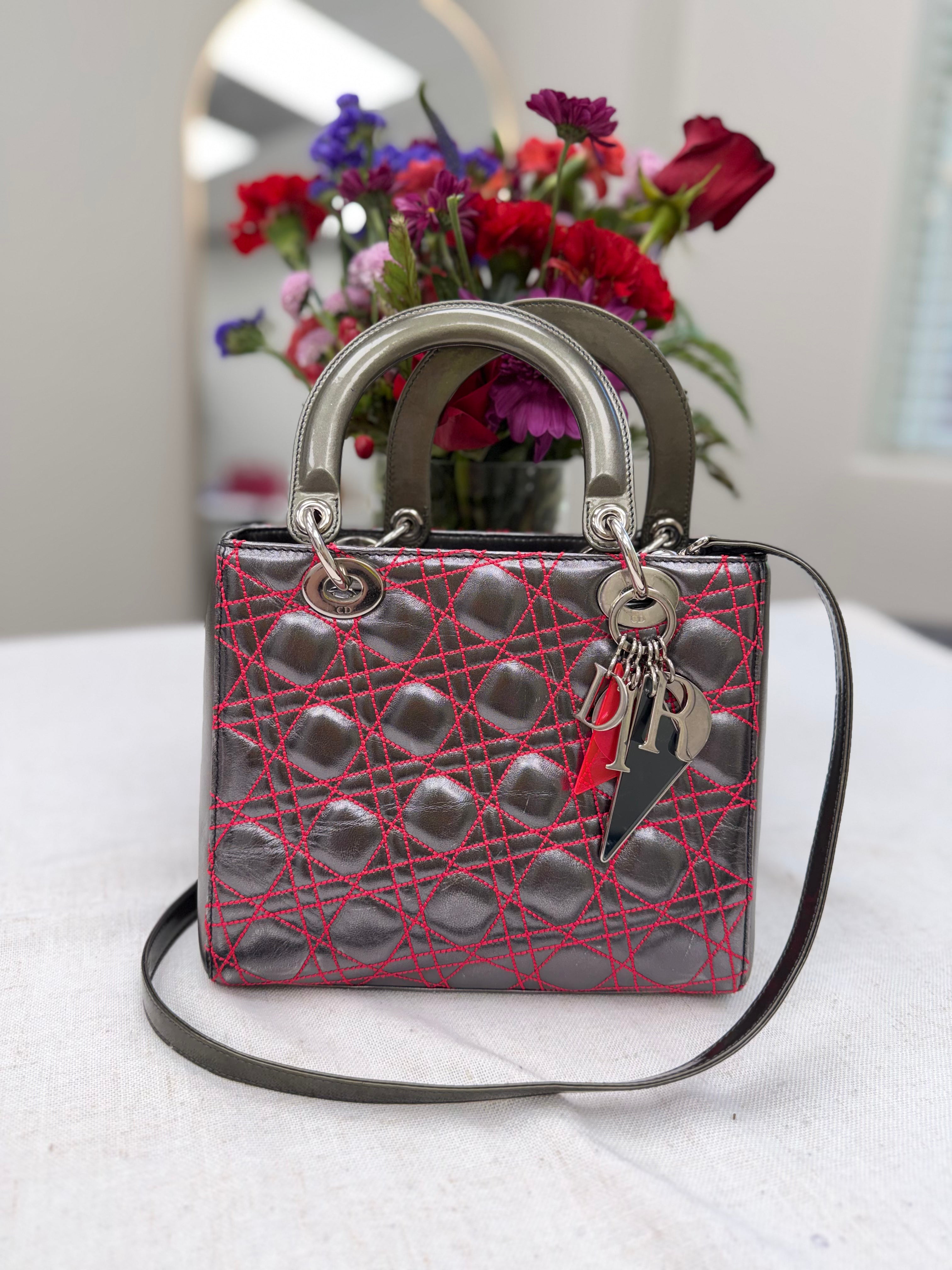 Christian Dior Metallic Silver And Pink Leather Medium Lady Dior Tote